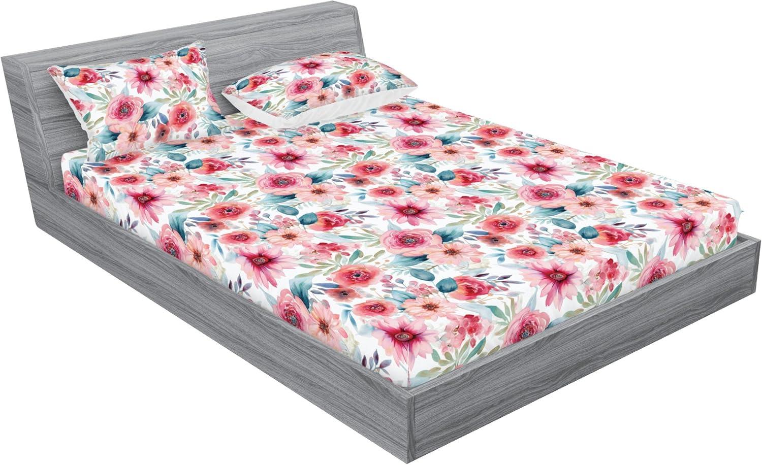 imageAmbesonne Floral Fitted Sheet amp Pillow Sham Set Romantic Valentines Day Theme Overlapping Simplistic Rose Flowers Art Decorative Printed 3 Piece Bedding Decor Set Calking Pale Salmon and BlushDried Rose and Slate Blue