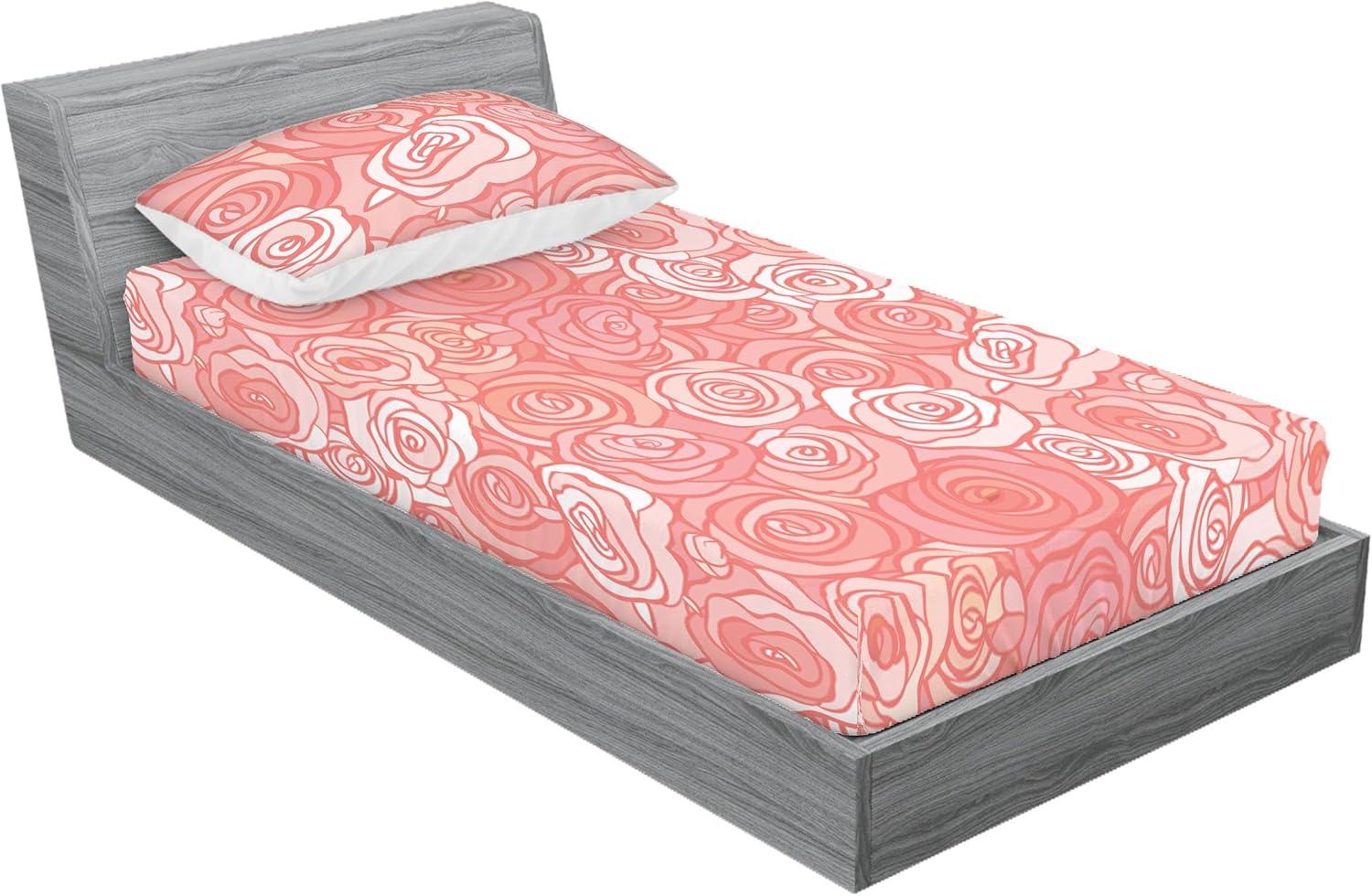 imageAmbesonne Floral Fitted Sheet amp Pillow Sham Set Romantic Valentines Day Theme Overlapping Simplistic Rose Flowers Art Decorative Printed 3 Piece Bedding Decor Set Calking Pale Salmon and BlushPale Salmon and Blush