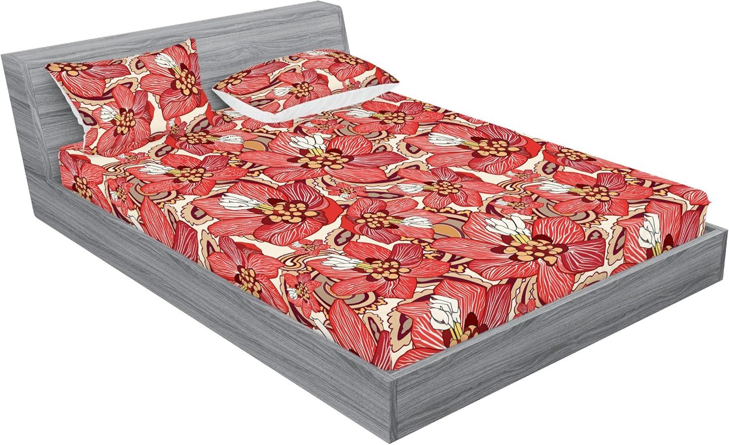 imageAmbesonne Floral Fitted Sheet amp Pillow Sham Set Romantic Valentines Day Theme Overlapping Simplistic Rose Flowers Art Decorative Printed 3 Piece Bedding Decor Set Calking Pale Salmon and BlushDark Coral and Pale Camel