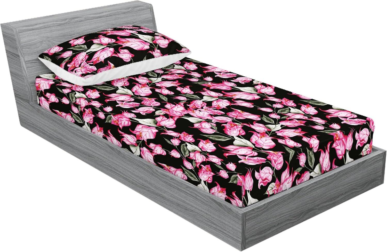 imageAmbesonne Floral Fitted Sheet amp Pillow Sham Set Roses Lavender Eucalyptus Watercolor Valentines Day Romantic Concept Decorative Printed 2 Piece Bedding Decor Set Twinxl Purple Grey and Off WhiteHot Pink Reseda Green