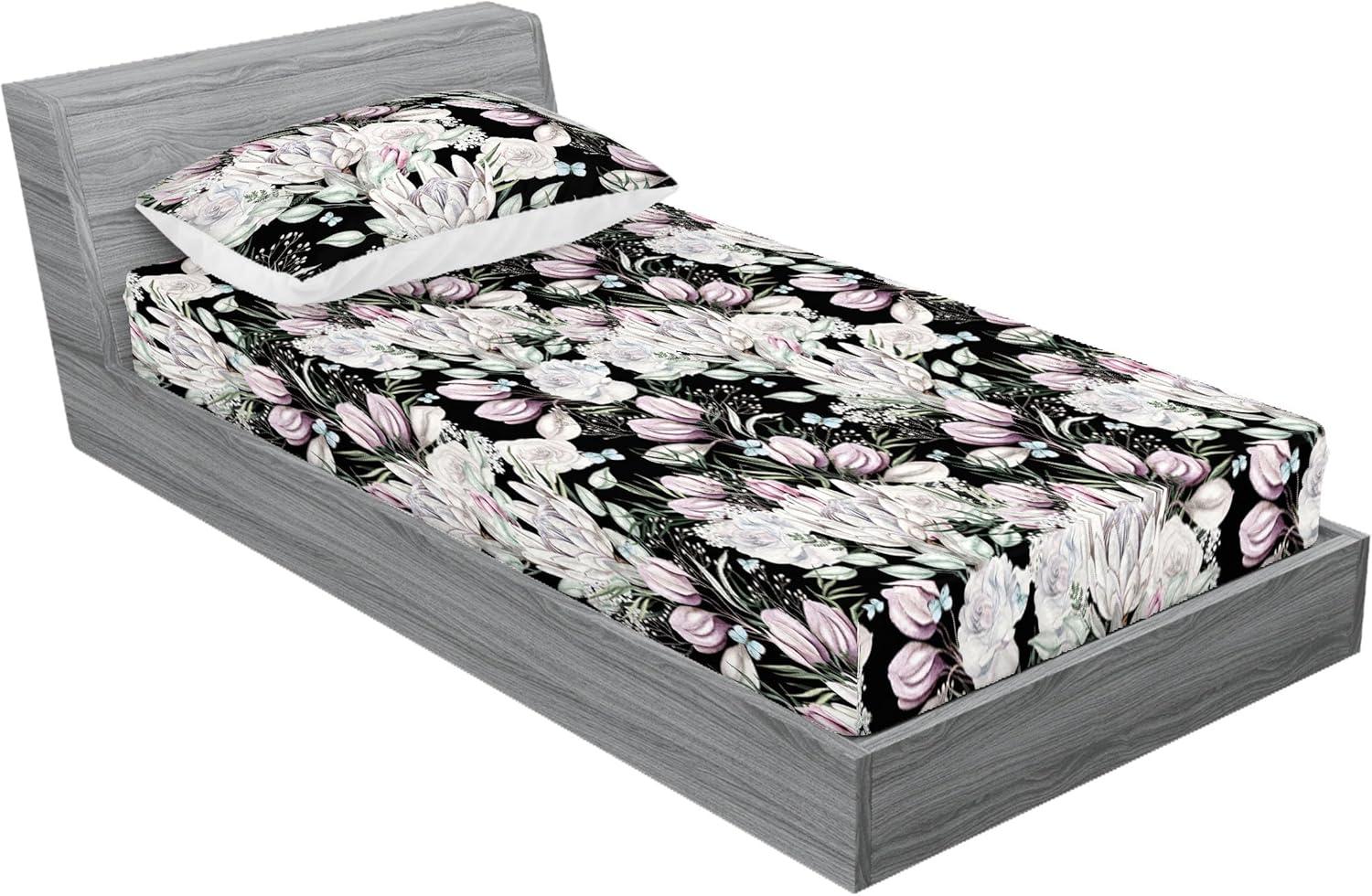 imageAmbesonne Floral Fitted Sheet amp Pillow Sham Set Roses Lavender Eucalyptus Watercolor Valentines Day Romantic Concept Decorative Printed 2 Piece Bedding Decor Set Twinxl Purple Grey and Off WhitePurple Grey and Off White