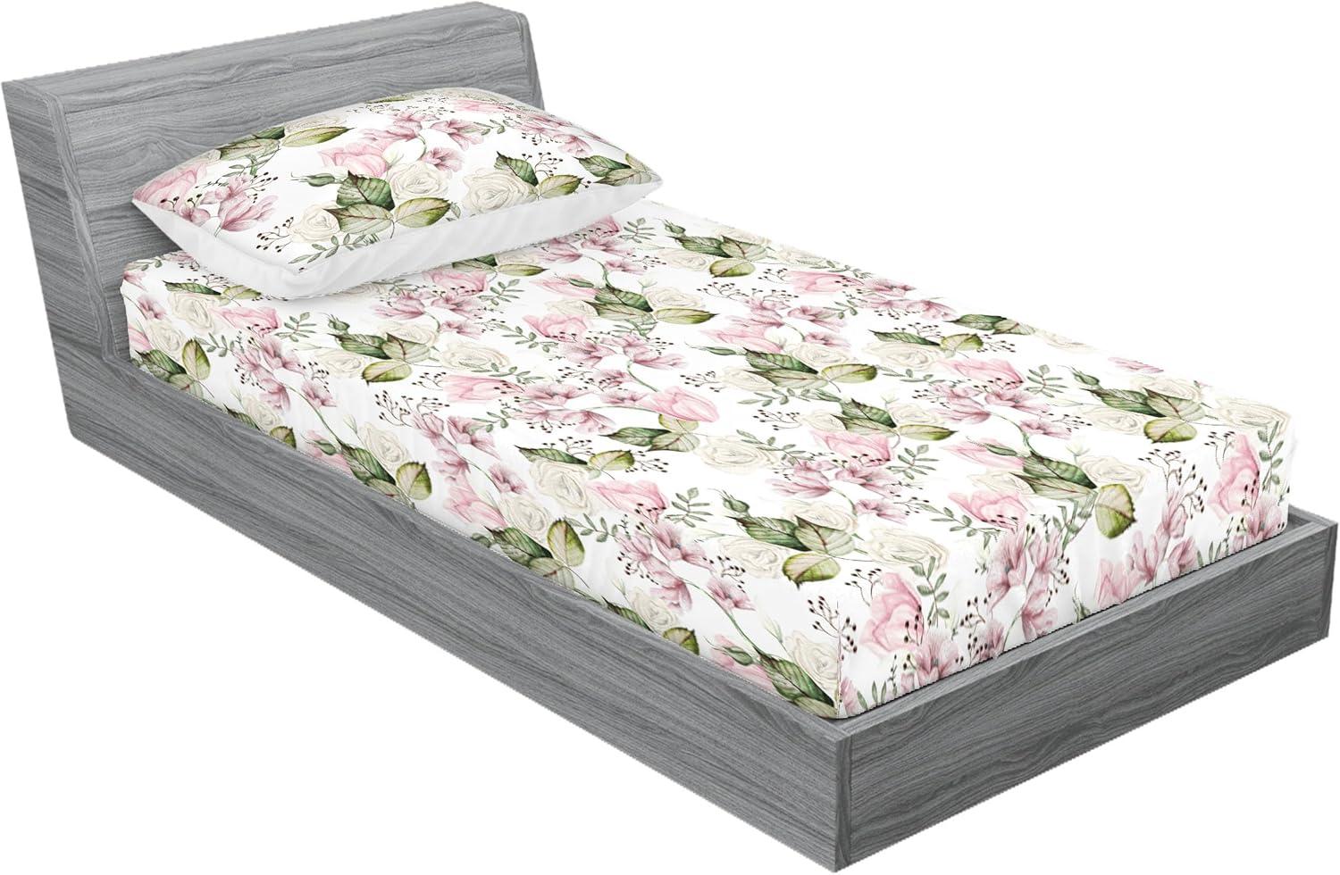 imageAmbesonne Floral Fitted Sheet amp Pillow Sham Set Roses Lavender Eucalyptus Watercolor Valentines Day Romantic Concept Decorative Printed 2 Piece Bedding Decor Set Twinxl Purple Grey and Off WhitePale Pink and Laurel Green