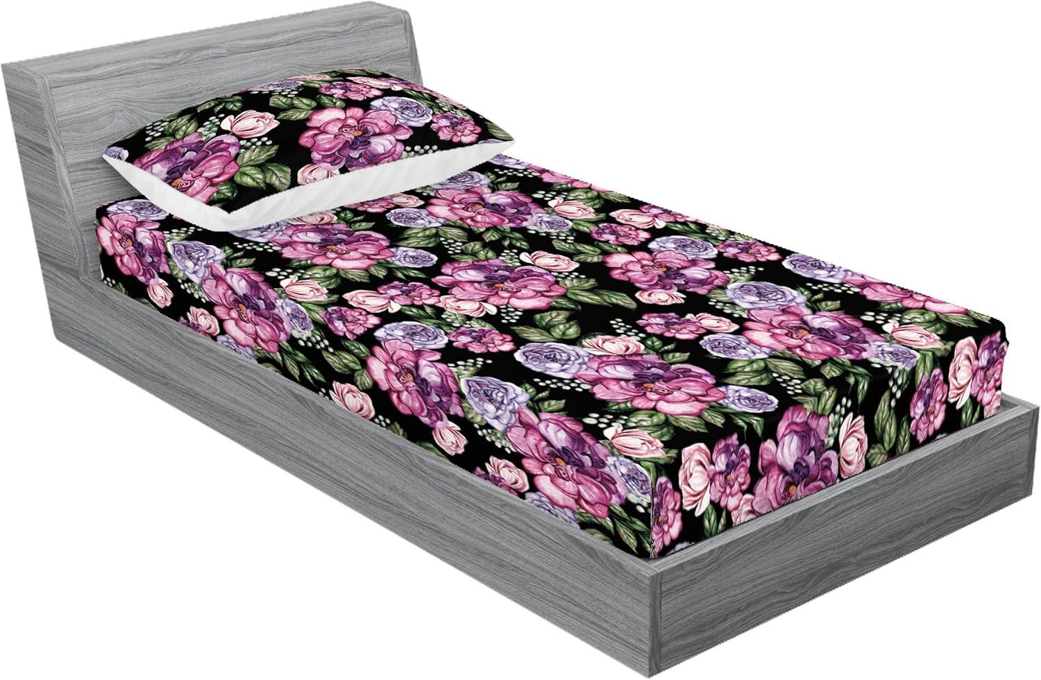 imageAmbesonne Floral Fitted Sheet amp Pillow Sham Set Roses Lavender Eucalyptus Watercolor Valentines Day Romantic Concept Decorative Printed 2 Piece Bedding Decor Set Twinxl Purple Grey and Off WhiteSoft Pink Olive Green