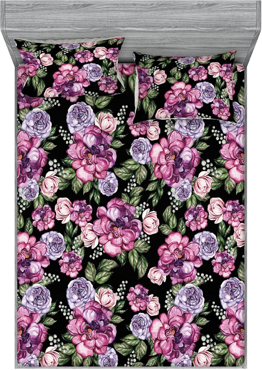 imageAmbesonne Floral Fitted Sheet amp Pillow Sham Set Roses Lavender Eucalyptus Watercolor Valentines Day Romantic Concept Decorative Printed 2 Piece Bedding Decor Set Twinxl Purple Grey and Off WhiteSoft Pink Olive Green