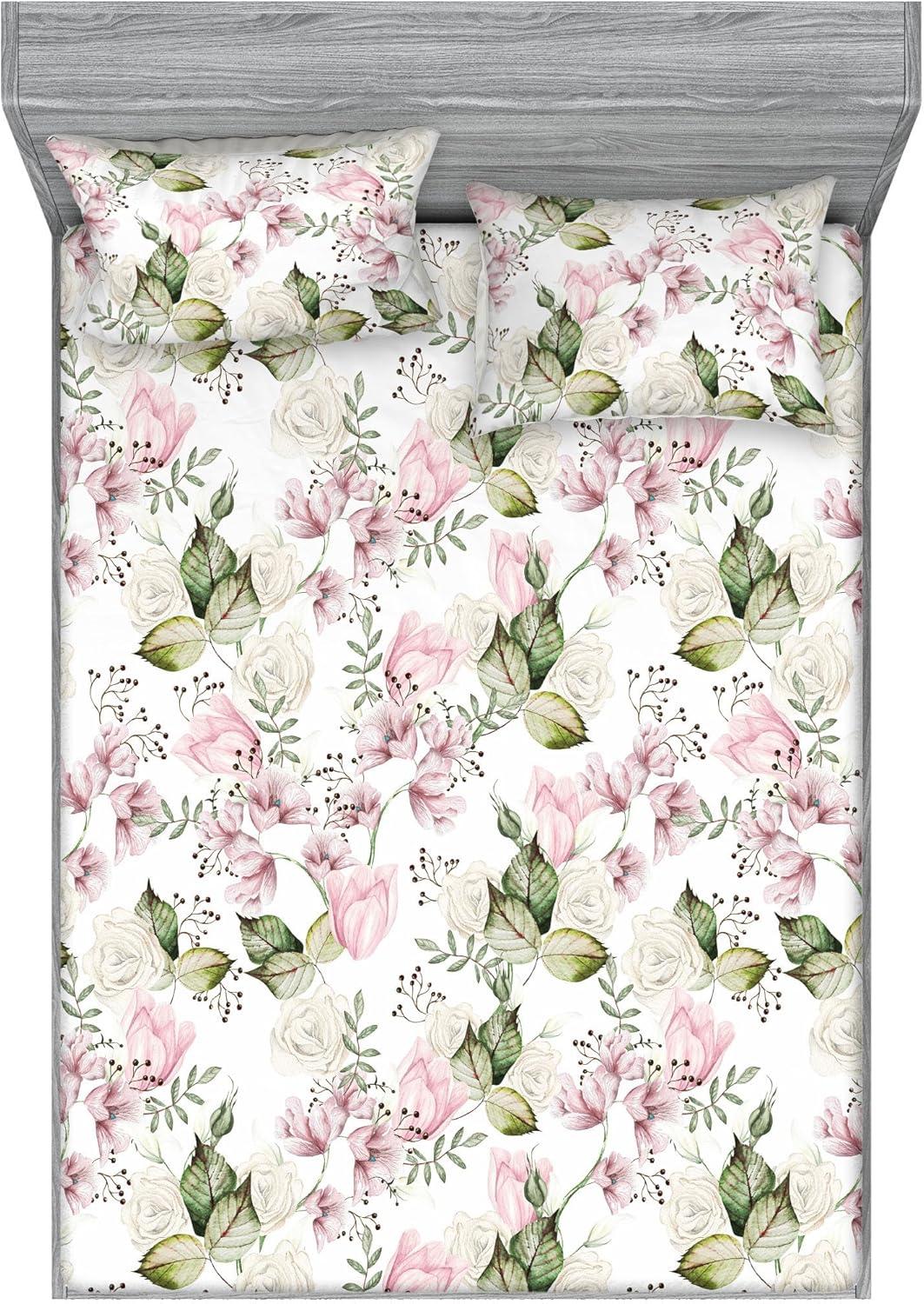 imageAmbesonne Floral Fitted Sheet amp Pillow Sham Set Roses Lavender Eucalyptus Watercolor Valentines Day Romantic Concept Decorative Printed 2 Piece Bedding Decor Set Twinxl Purple Grey and Off WhitePale Pink and Laurel Green