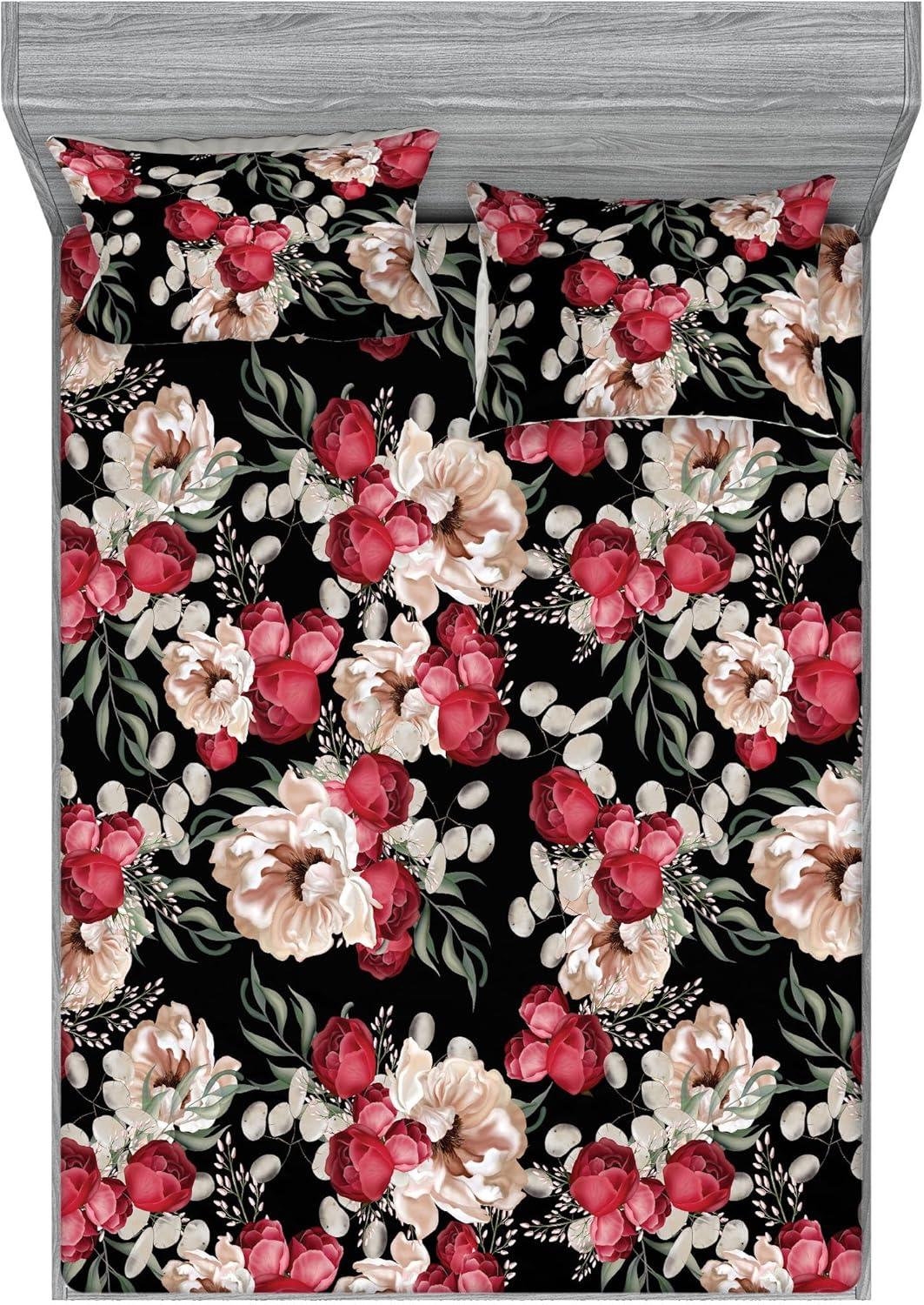 imageAmbesonne Floral Fitted Sheet amp Pillow Sham Set Roses Lavender Eucalyptus Watercolor Valentines Day Romantic Concept Decorative Printed 2 Piece Bedding Decor Set Twinxl Purple Grey and Off WhiteRaspberry and Reseda Green