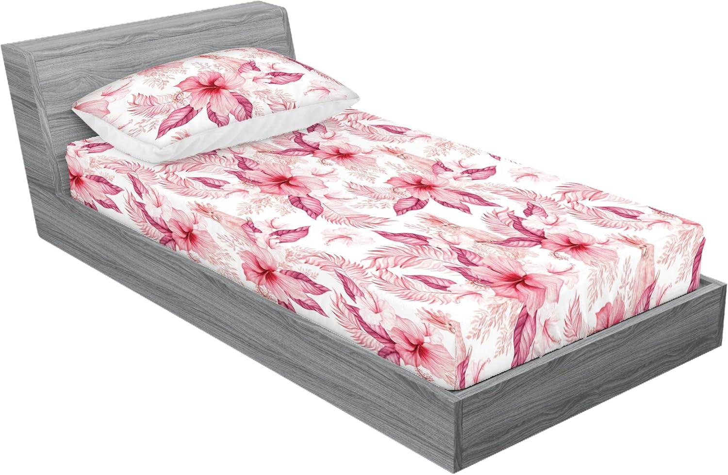 imageAmbesonne Floral Fitted Sheet amp Pillow Sham Set Roses Lavender Eucalyptus Watercolor Valentines Day Romantic Concept Decorative Printed 2 Piece Bedding Decor Set Twinxl Purple Grey and Off WhitePastel Pink and Pale Fuchsia