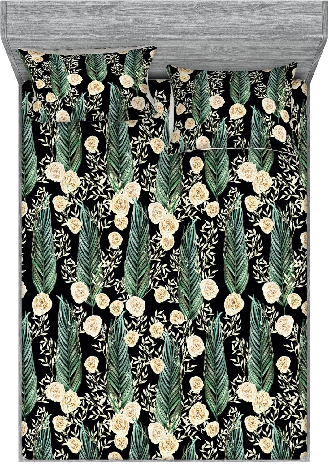 imageAmbesonne Floral Fitted Sheet amp Pillow Sham Set Roses Lavender Eucalyptus Watercolor Valentines Day Romantic Concept Decorative Printed 2 Piece Bedding Decor Set Twinxl Purple Grey and Off WhiteJade Green and Champagne