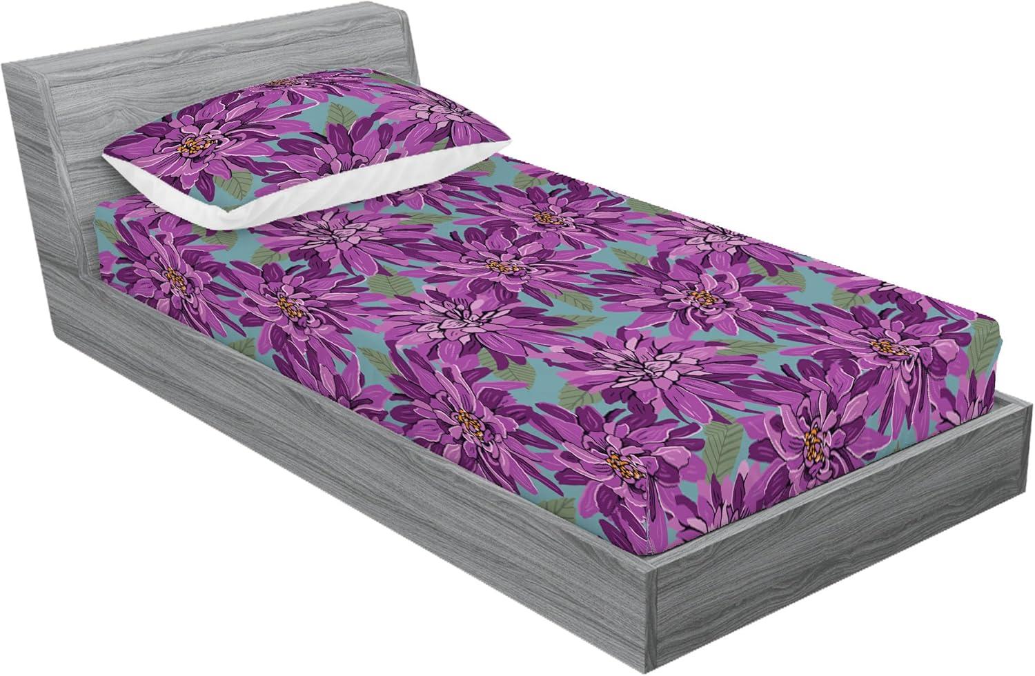 imageAmbesonne Floral Fitted Sheet amp Pillow Sham Set Roses Lavender Eucalyptus Watercolor Valentines Day Romantic Concept Decorative Printed 2 Piece Bedding Decor Set Twinxl Purple Grey and Off WhitePurple Olive Green