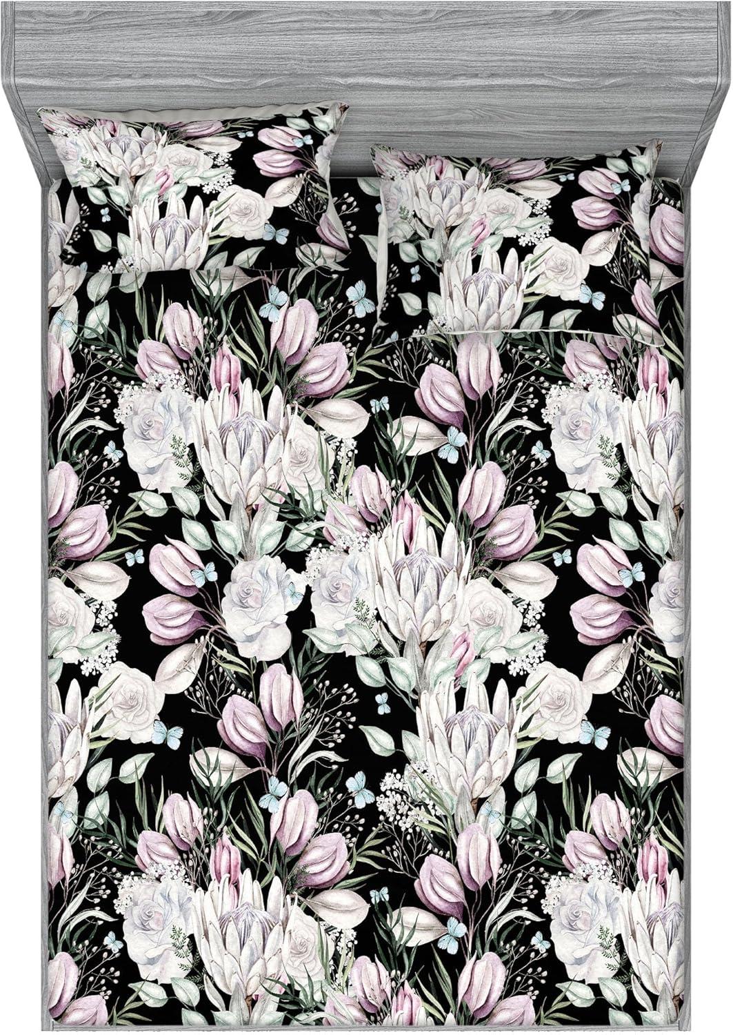 imageAmbesonne Floral Fitted Sheet amp Pillow Sham Set Roses Lavender Eucalyptus Watercolor Valentines Day Romantic Concept Decorative Printed 2 Piece Bedding Decor Set Twinxl Purple Grey and Off WhitePurple Grey and Off White