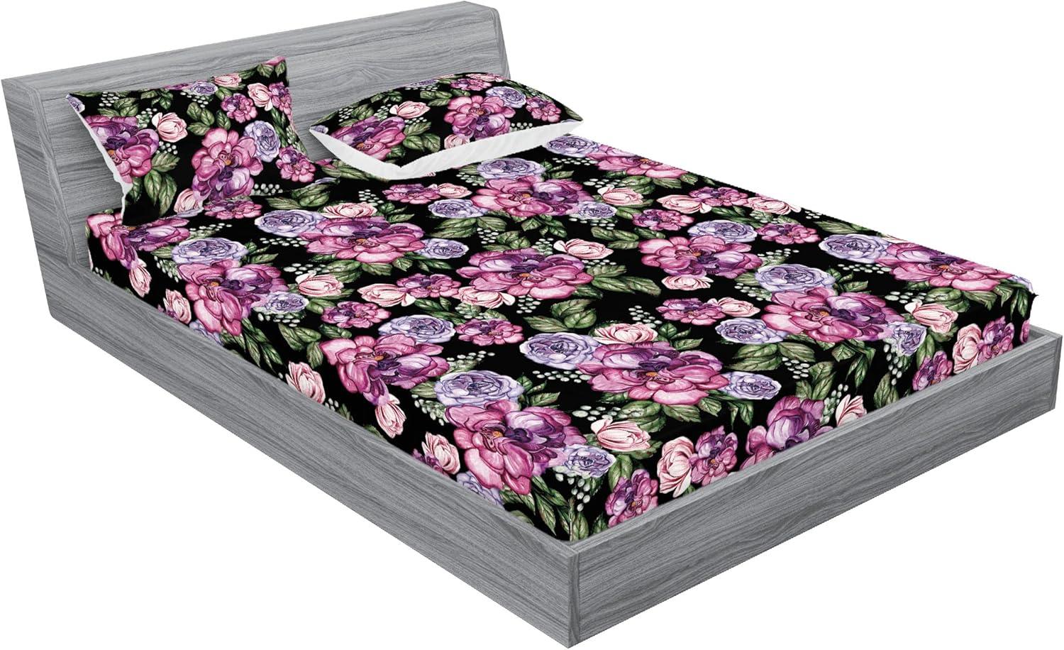 imageAmbesonne Floral Fitted Sheet amp Pillow Sham Set Roses Lavender Eucalyptus Watercolor Valentines Day Romantic Concept Decorative Printed 2 Piece Bedding Decor Set Twinxl Purple Grey and Off WhiteSoft Pink Olive Green