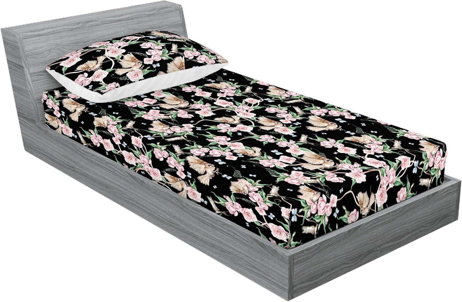 imageAmbesonne Floral Fitted Sheet amp Pillow Sham Set Roses Lavender Eucalyptus Watercolor Valentines Day Romantic Concept Decorative Printed 2 Piece Bedding Decor Set Twinxl Purple Grey and Off WhitePastel Pink Pale Green