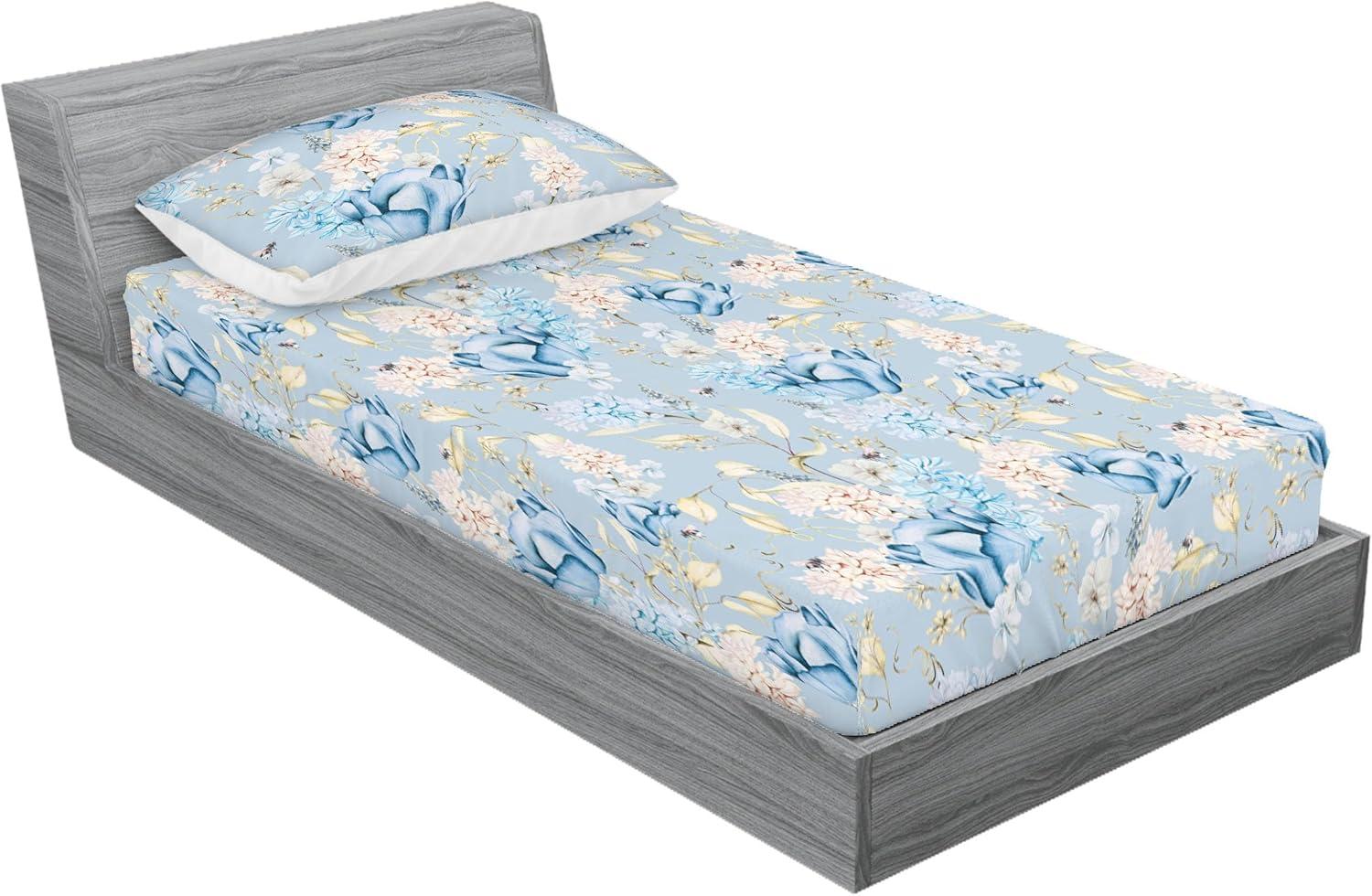 imageAmbesonne Floral Fitted Sheet amp Pillow Sham Set Roses Lavender Eucalyptus Watercolor Valentines Day Romantic Concept Decorative Printed 2 Piece Bedding Decor Set Twinxl Purple Grey and Off WhiteSky Blue Pale Yellow