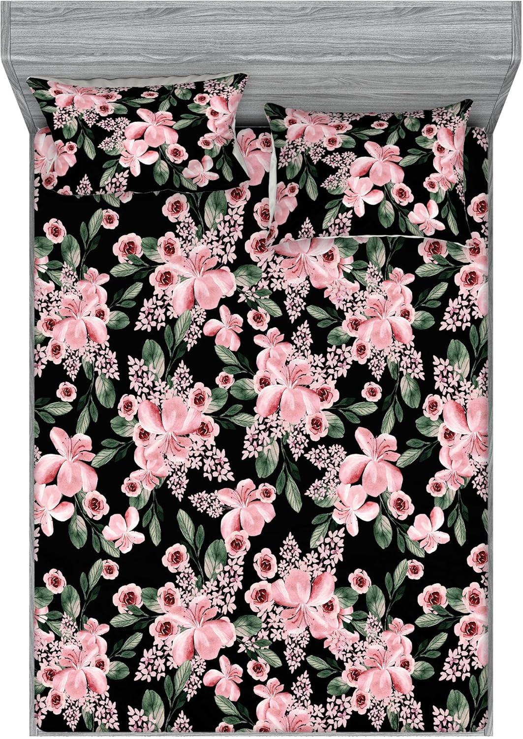 imageAmbesonne Floral Fitted Sheet amp Pillow Sham Set Roses Lavender Eucalyptus Watercolor Valentines Day Romantic Concept Decorative Printed 2 Piece Bedding Decor Set Twinxl Purple Grey and Off WhitePastel Pink Hunter Green
