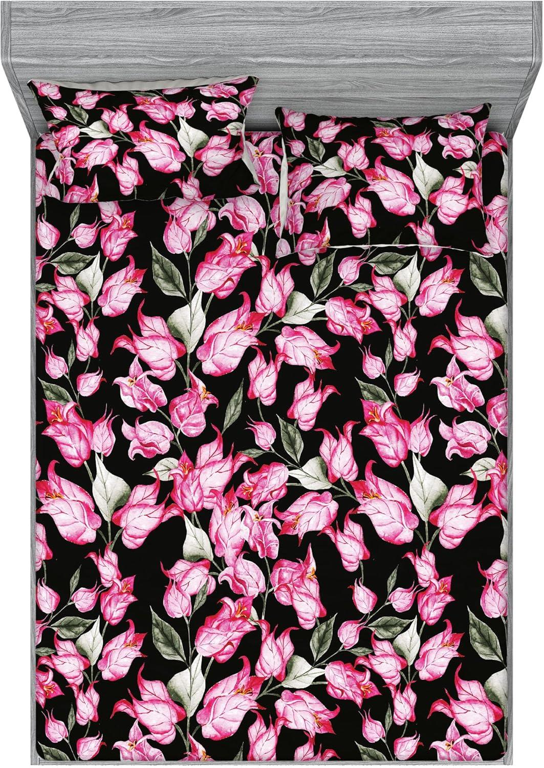 imageAmbesonne Floral Fitted Sheet amp Pillow Sham Set Roses Lavender Eucalyptus Watercolor Valentines Day Romantic Concept Decorative Printed 2 Piece Bedding Decor Set Twinxl Purple Grey and Off WhiteHot Pink Reseda Green