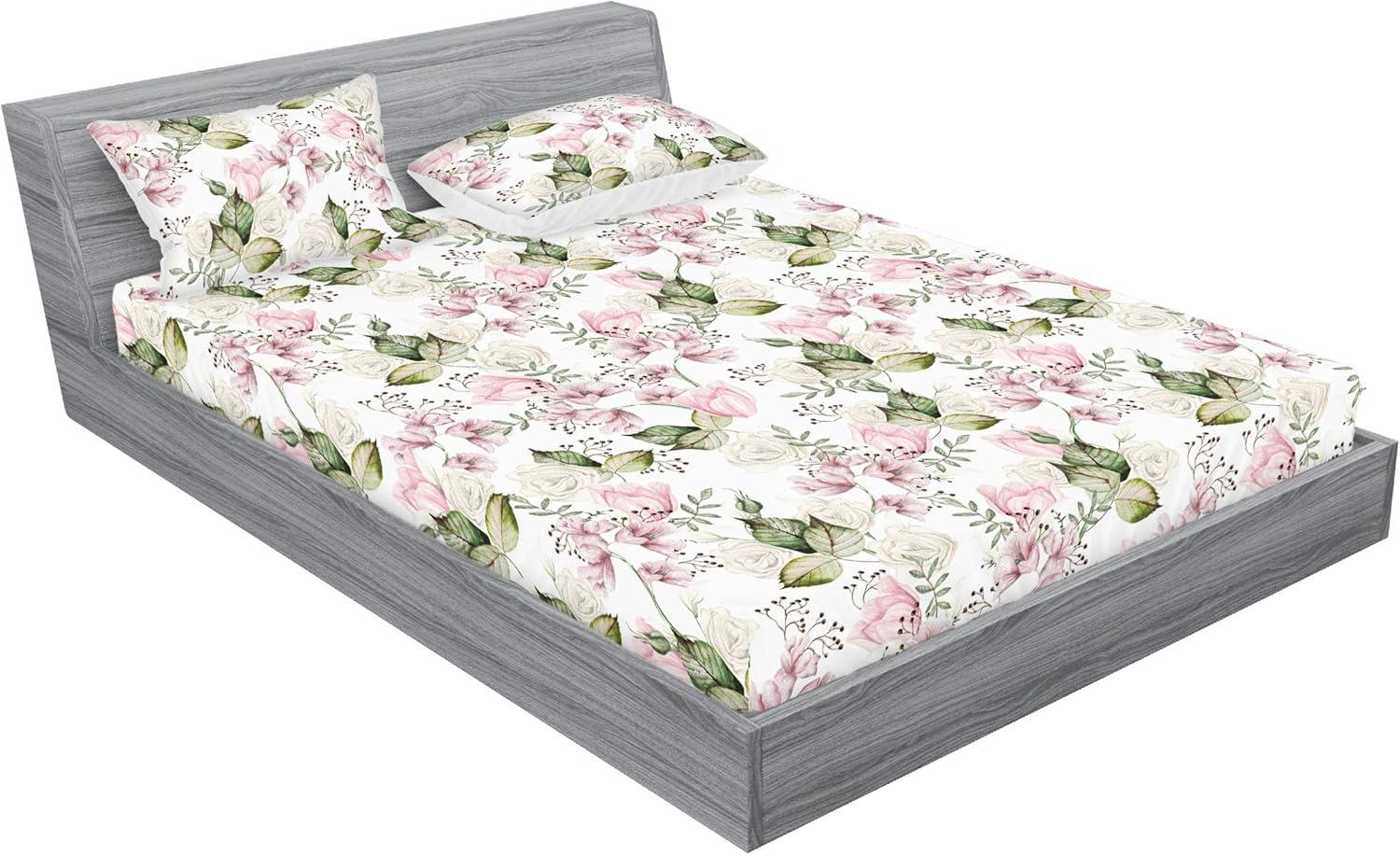 imageAmbesonne Floral Fitted Sheet amp Pillow Sham Set Roses Lavender Eucalyptus Watercolor Valentines Day Romantic Concept Decorative Printed 2 Piece Bedding Decor Set Twinxl Purple Grey and Off WhitePale Pink and Laurel Green