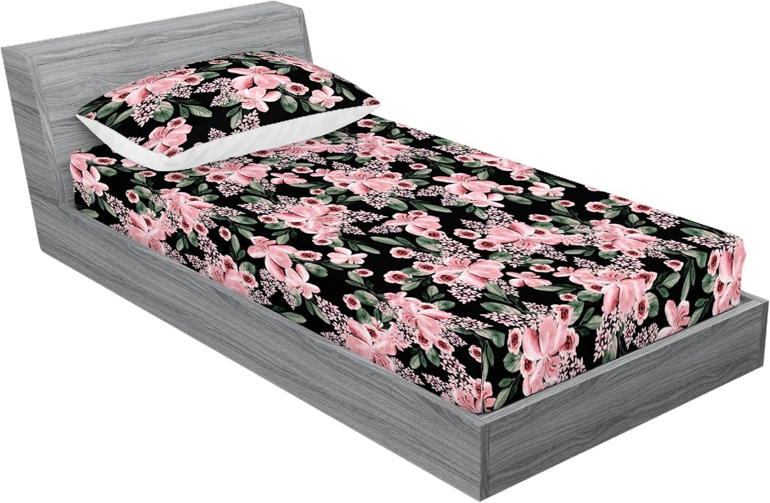 imageAmbesonne Floral Fitted Sheet amp Pillow Sham Set Roses Lavender Eucalyptus Watercolor Valentines Day Romantic Concept Decorative Printed 2 Piece Bedding Decor Set Twinxl Purple Grey and Off WhitePastel Pink Hunter Green