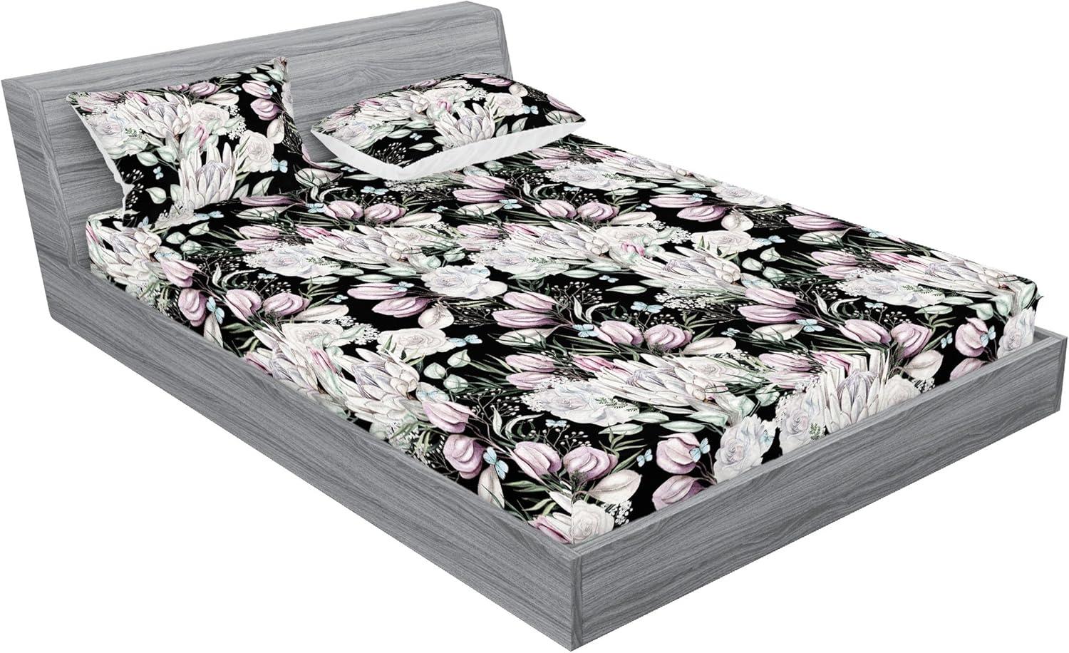 imageAmbesonne Floral Fitted Sheet amp Pillow Sham Set Roses Lavender Eucalyptus Watercolor Valentines Day Romantic Concept Decorative Printed 2 Piece Bedding Decor Set Twinxl Purple Grey and Off WhitePurple Grey and Off White