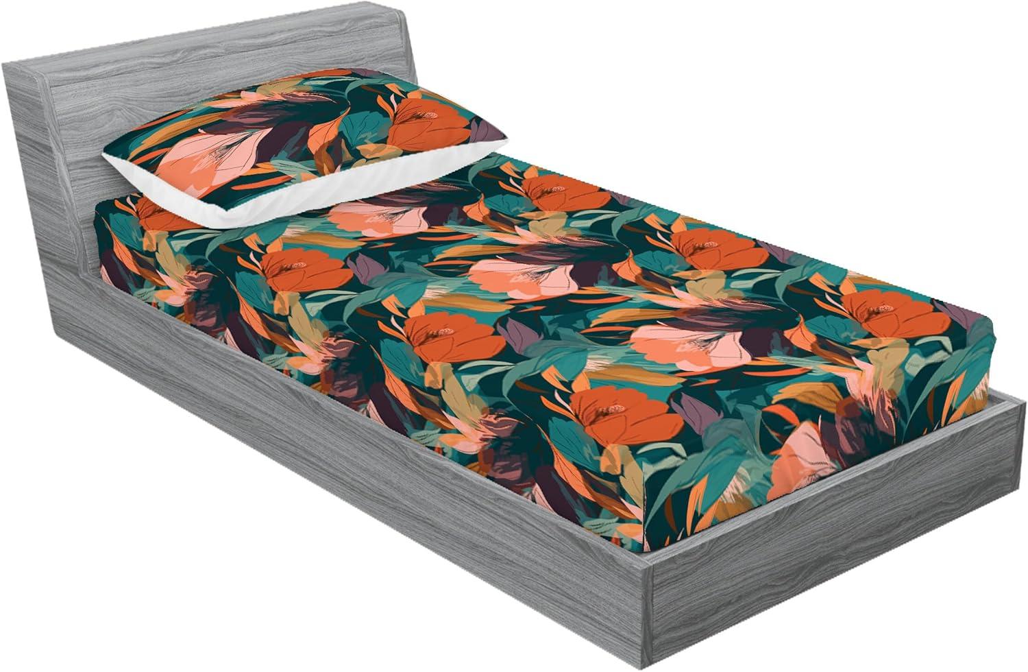 imageAmbesonne Floral Fitted Sheet amp Pillow Sham Set Valentines Day Romantic Concept Watercolor Hydrangeas Roses Birds Decorative Printed 3 Piece Bedding Decor Set Calking Soft Pink Pistachio GreenBurnt Orange Tan Teal
