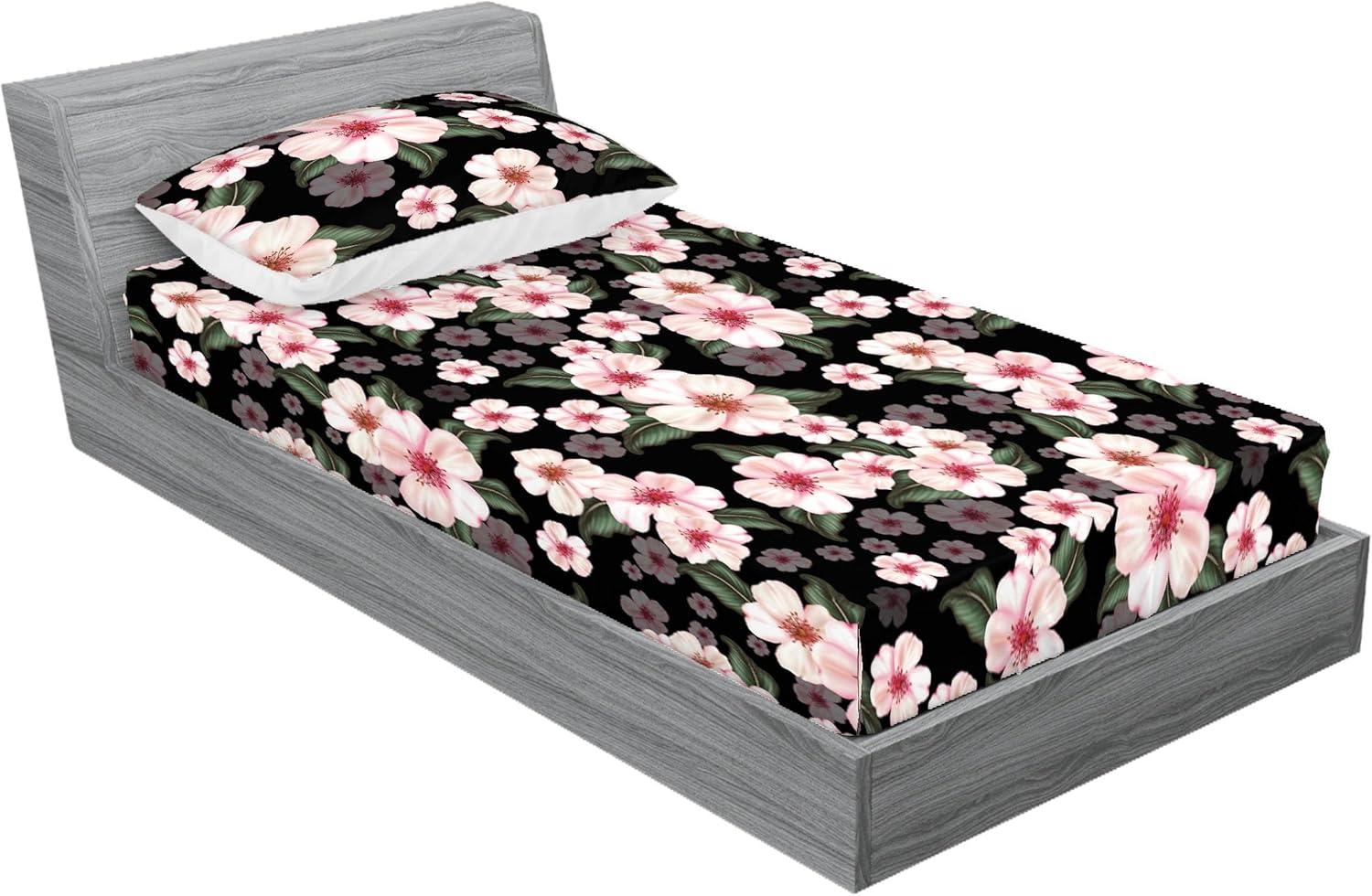 imageAmbesonne Floral Fitted Sheet amp Pillow Sham Set Valentines Day Romantic Concept Watercolor Hydrangeas Roses Birds Decorative Printed 3 Piece Bedding Decor Set Calking Soft Pink Pistachio GreenBlush Reseda Green