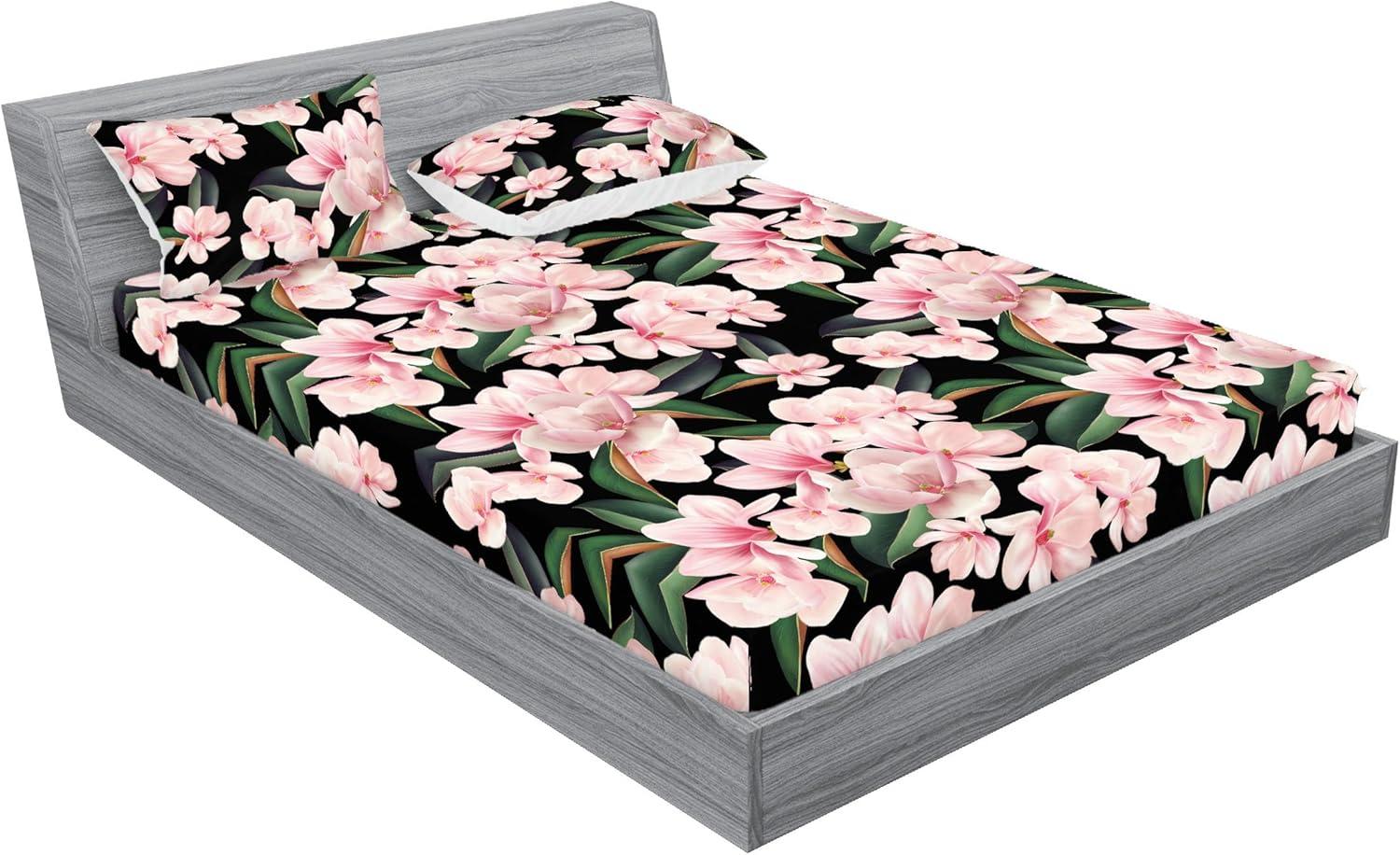 imageAmbesonne Floral Fitted Sheet amp Pillow Sham Set Valentines Day Romantic Concept Watercolor Hydrangeas Roses Birds Decorative Printed 3 Piece Bedding Decor Set Calking Soft Pink Pistachio GreenJade Green and Pastel Pink