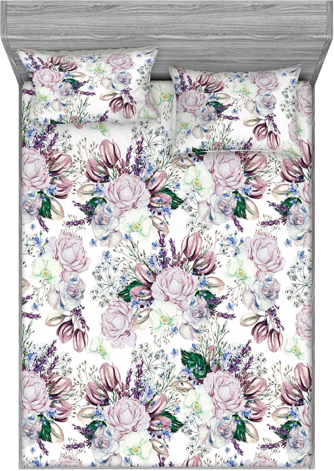 imageAmbesonne Floral Fitted Sheet amp Pillow Sham Set Valentines Day Romantic Concept Watercolor Hydrangeas Roses Birds Decorative Printed 3 Piece Bedding Decor Set Calking Soft Pink Pistachio GreenPale Mauve White and Green