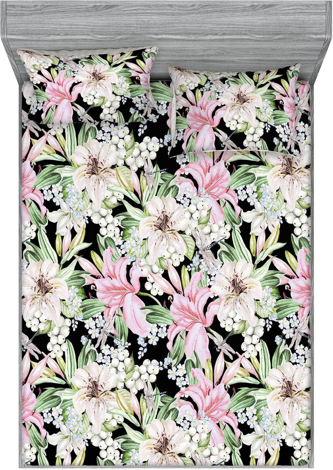 imageAmbesonne Floral Fitted Sheet amp Pillow Sham Set Valentines Day Romantic Concept Watercolor Hydrangeas Roses Birds Decorative Printed 3 Piece Bedding Decor Set Calking Soft Pink Pistachio GreenSoft Pink Pale Green