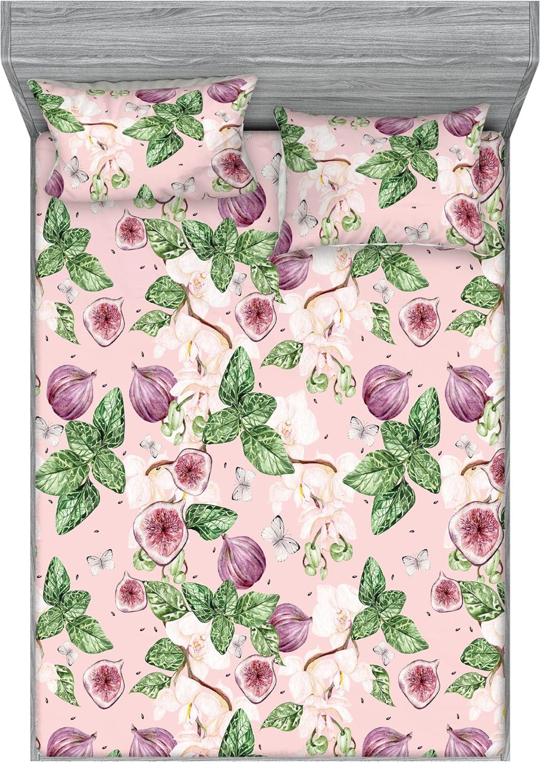 imageAmbesonne Floral Fitted Sheet amp Pillow Sham Set Valentines Day Romantic Concept Watercolor Hydrangeas Roses Birds Decorative Printed 3 Piece Bedding Decor Set Calking Soft Pink Pistachio GreenFern Green Lilac and Blush