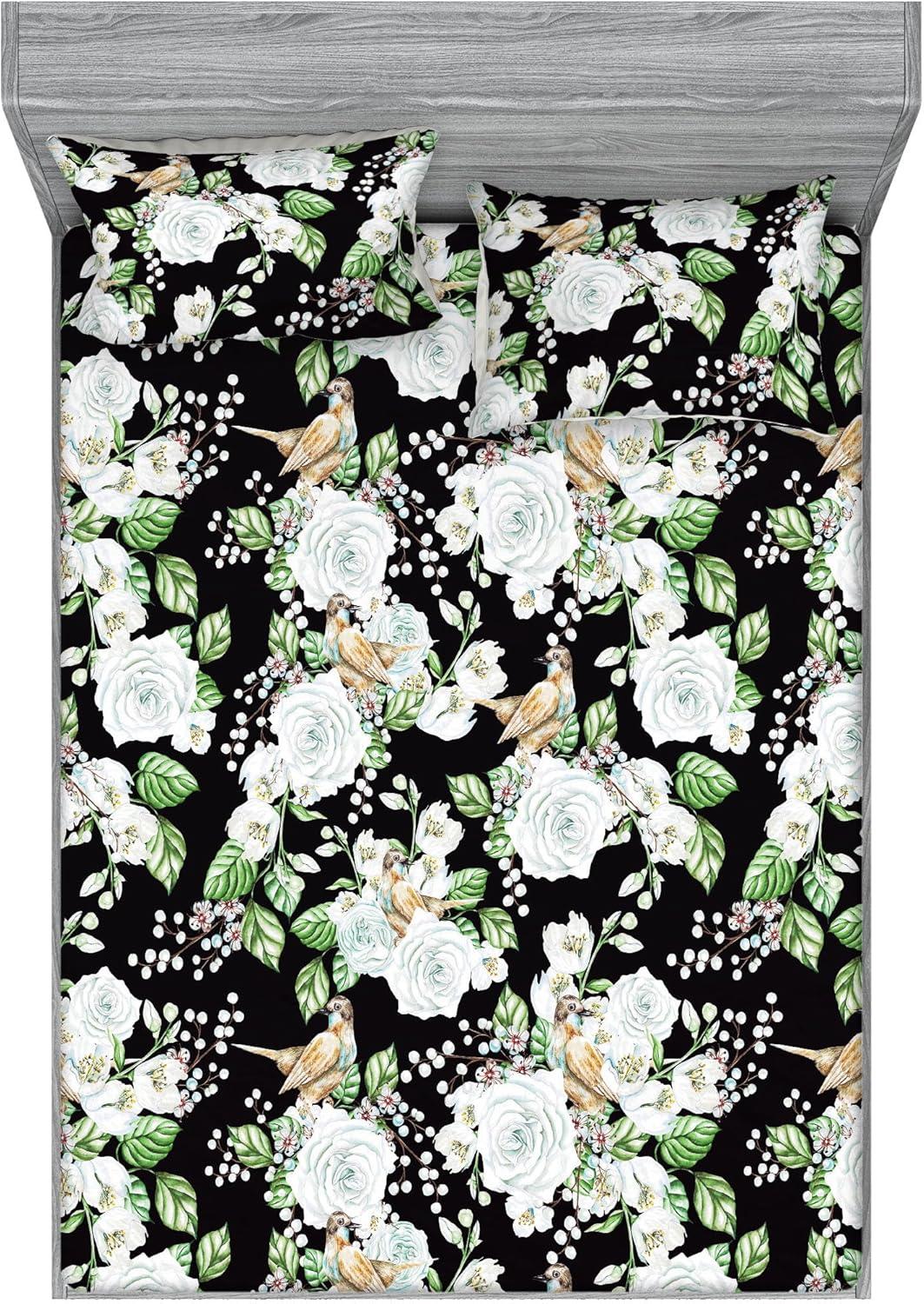 imageAmbesonne Floral Fitted Sheet amp Pillow Sham Set Valentines Day Romantic Concept Watercolor Hydrangeas Roses Birds Decorative Printed 3 Piece Bedding Decor Set Calking Soft Pink Pistachio GreenSea Green Pastel Brown