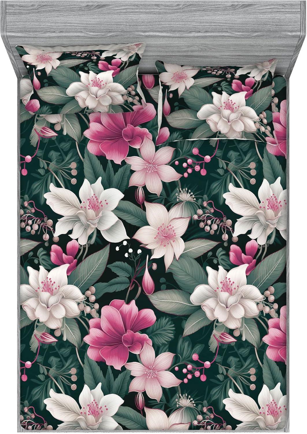 imageAmbesonne Floral Fitted Sheet amp Pillow Sham Set Valentines Day Romantic Concept Watercolor Hydrangeas Roses Birds Decorative Printed 3 Piece Bedding Decor Set Calking Soft Pink Pistachio GreenPink Laurel Green White