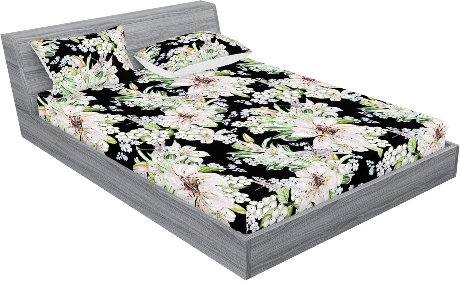 imageAmbesonne Floral Fitted Sheet amp Pillow Sham Set Valentines Day Romantic Concept Watercolor Hydrangeas Roses Birds Decorative Printed 3 Piece Bedding Decor Set Calking Soft Pink Pistachio GreenLaurel Green Black White