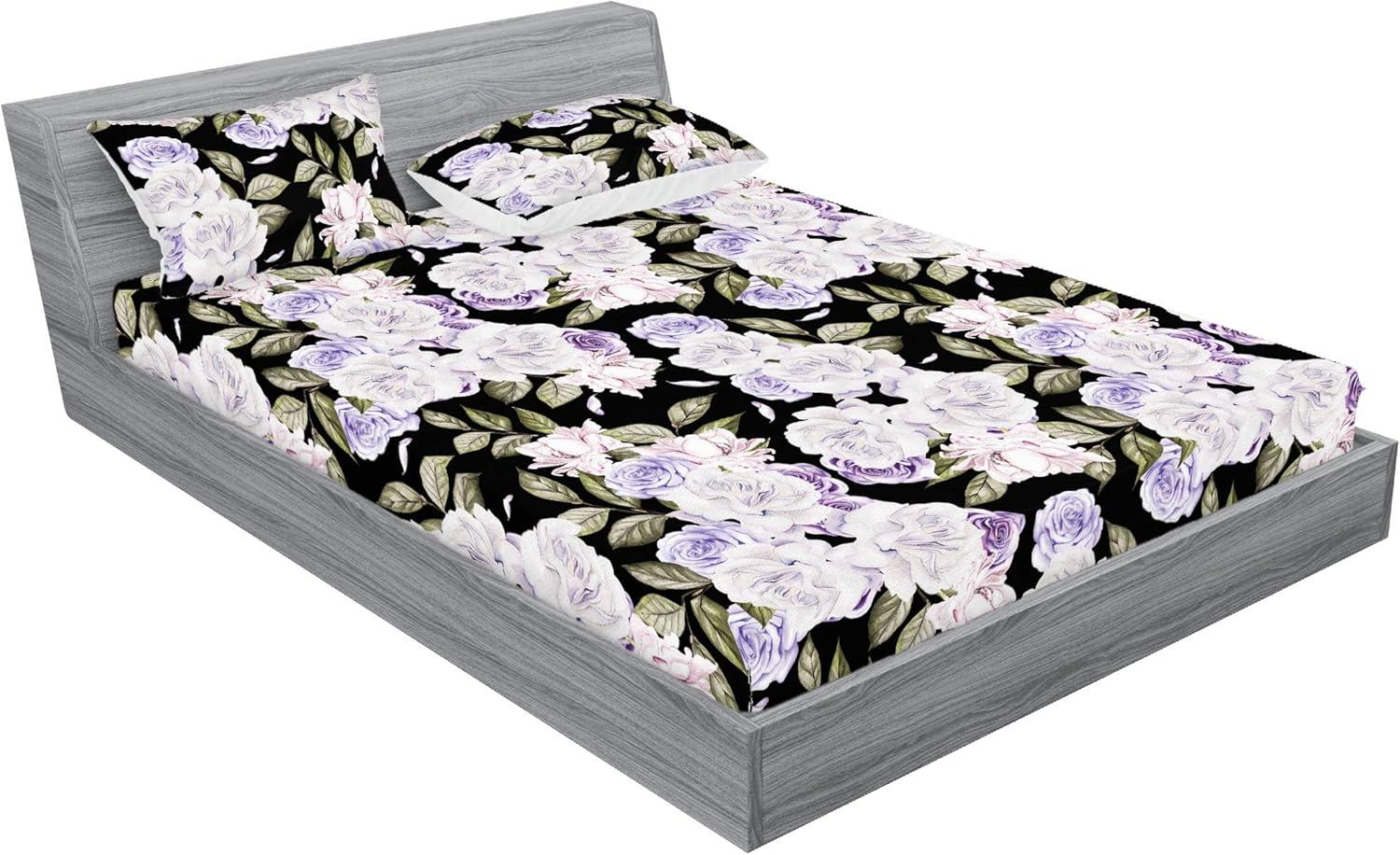 imageAmbesonne Floral Fitted Sheet amp Pillow Sham Set Valentines Day Romantic Concept Watercolor Hydrangeas Roses Birds Decorative Printed 3 Piece Bedding Decor Set Calking Soft Pink Pistachio GreenLavender Blue Green