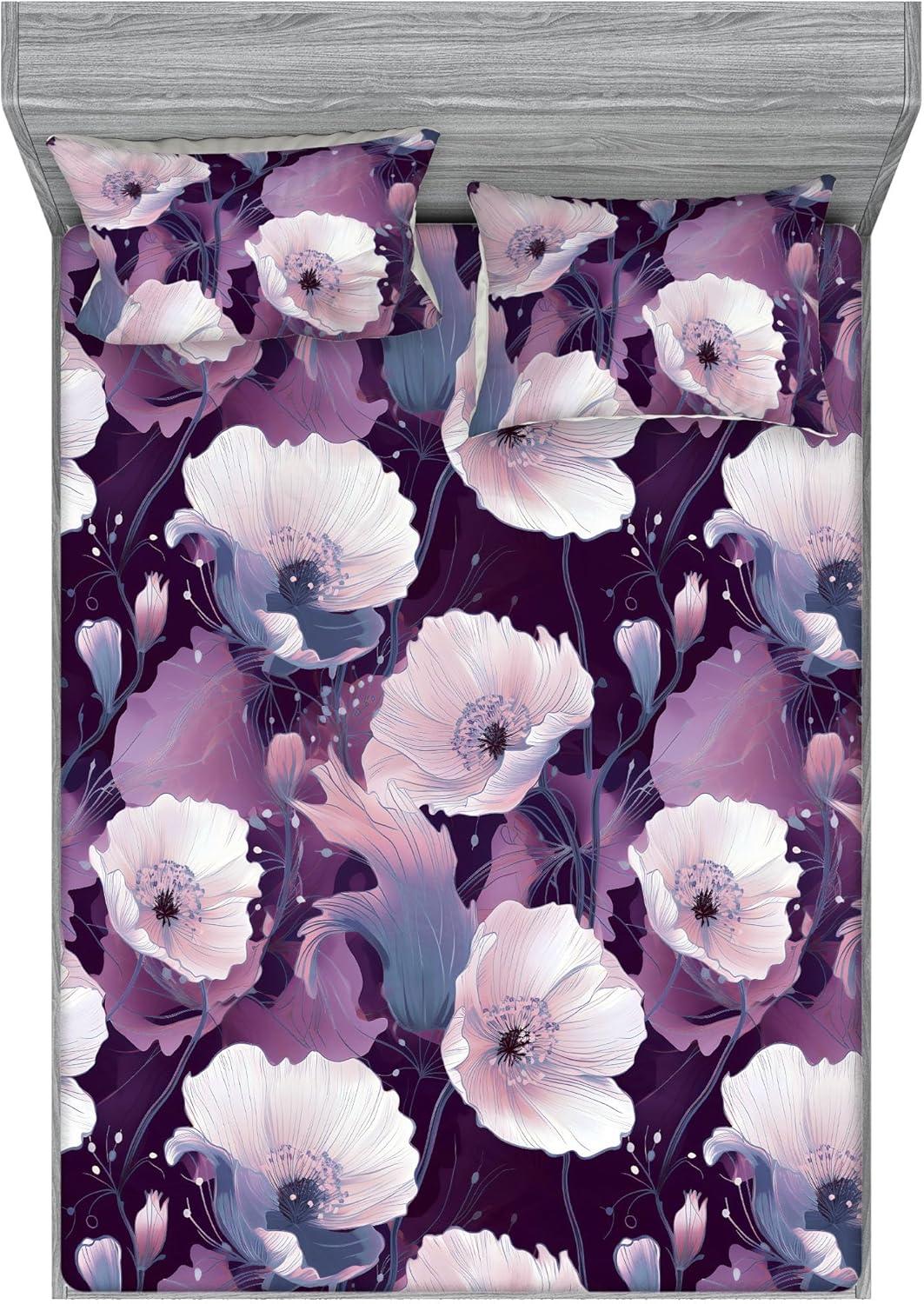 imageAmbesonne Floral Fitted Sheet amp Pillow Sham Set Valentines Day Romantic Concept Watercolor Hydrangeas Roses Birds Decorative Printed 3 Piece Bedding Decor Set Calking Soft Pink Pistachio GreenLilac Pale Fuchsia Plum