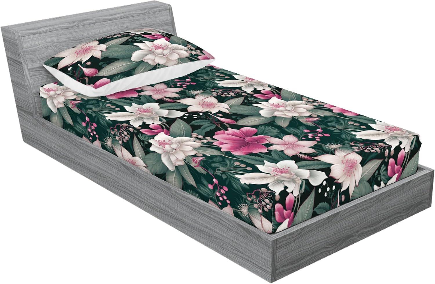 imageAmbesonne Floral Fitted Sheet amp Pillow Sham Set Valentines Day Romantic Concept Watercolor Hydrangeas Roses Birds Decorative Printed 3 Piece Bedding Decor Set Calking Soft Pink Pistachio GreenPink Laurel Green White