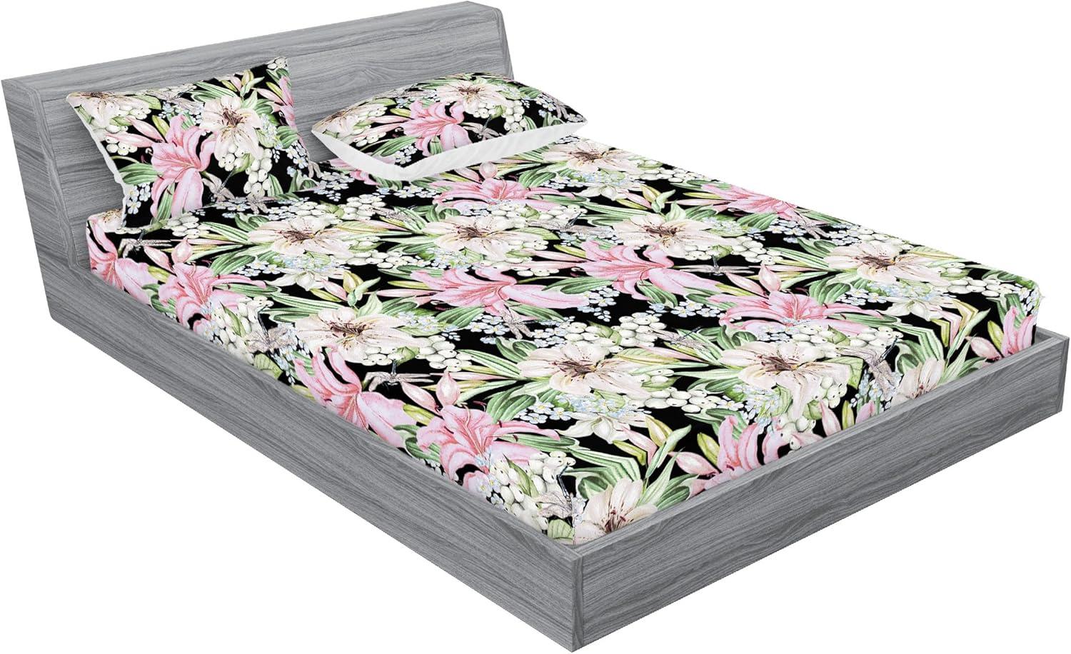 imageAmbesonne Floral Fitted Sheet amp Pillow Sham Set Valentines Day Romantic Concept Watercolor Hydrangeas Roses Birds Decorative Printed 3 Piece Bedding Decor Set Calking Soft Pink Pistachio GreenSoft Pink Pale Green