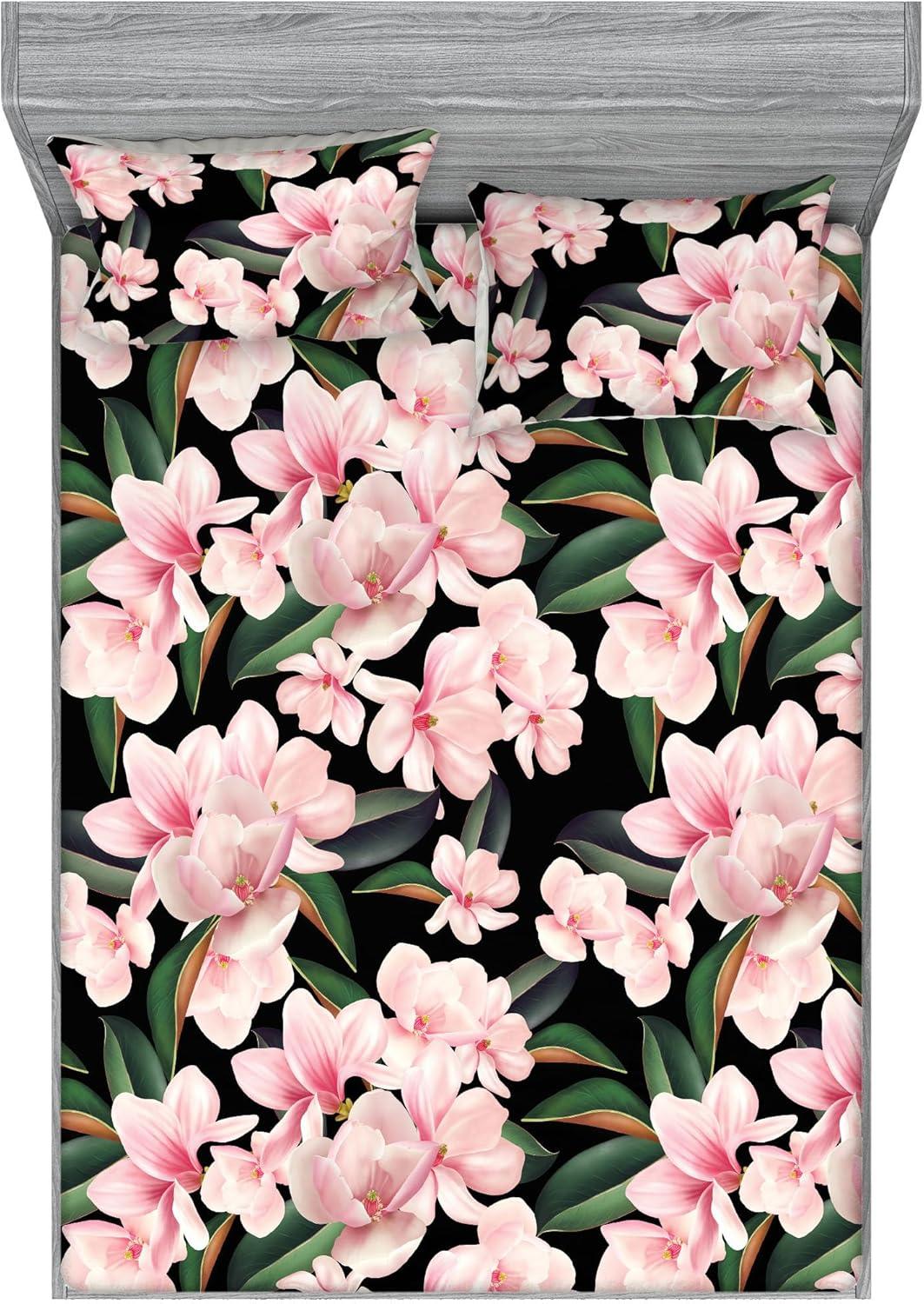 imageAmbesonne Floral Fitted Sheet amp Pillow Sham Set Valentines Day Romantic Concept Watercolor Hydrangeas Roses Birds Decorative Printed 3 Piece Bedding Decor Set Calking Soft Pink Pistachio GreenJade Green and Pastel Pink