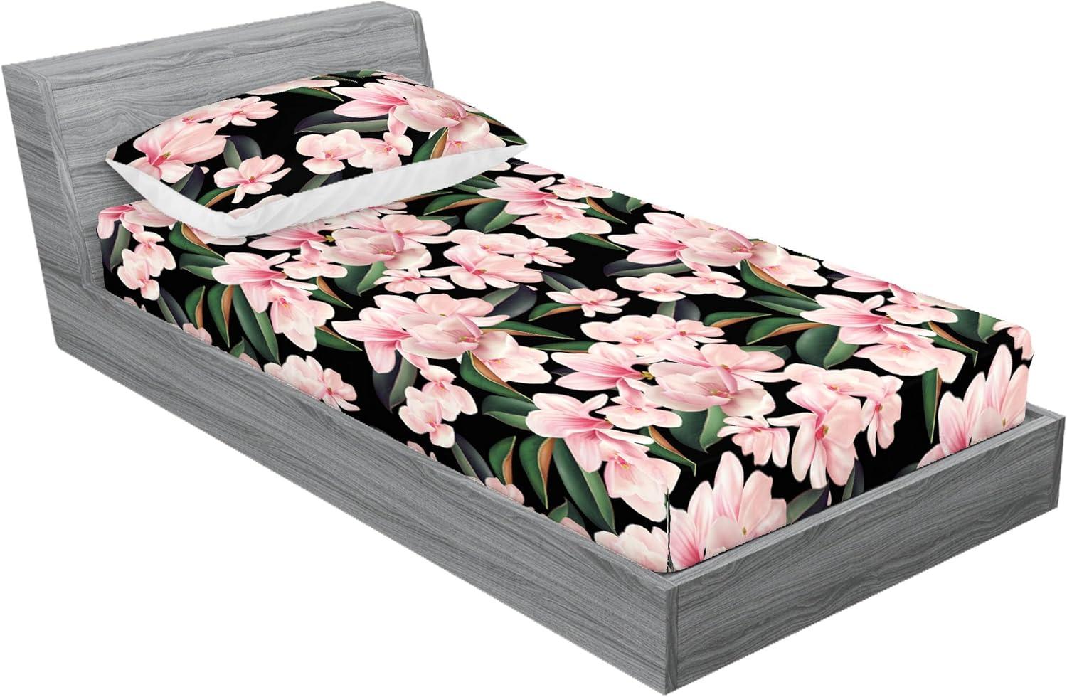 imageAmbesonne Floral Fitted Sheet amp Pillow Sham Set Valentines Day Romantic Concept Watercolor Hydrangeas Roses Birds Decorative Printed 3 Piece Bedding Decor Set Calking Soft Pink Pistachio GreenJade Green and Pastel Pink