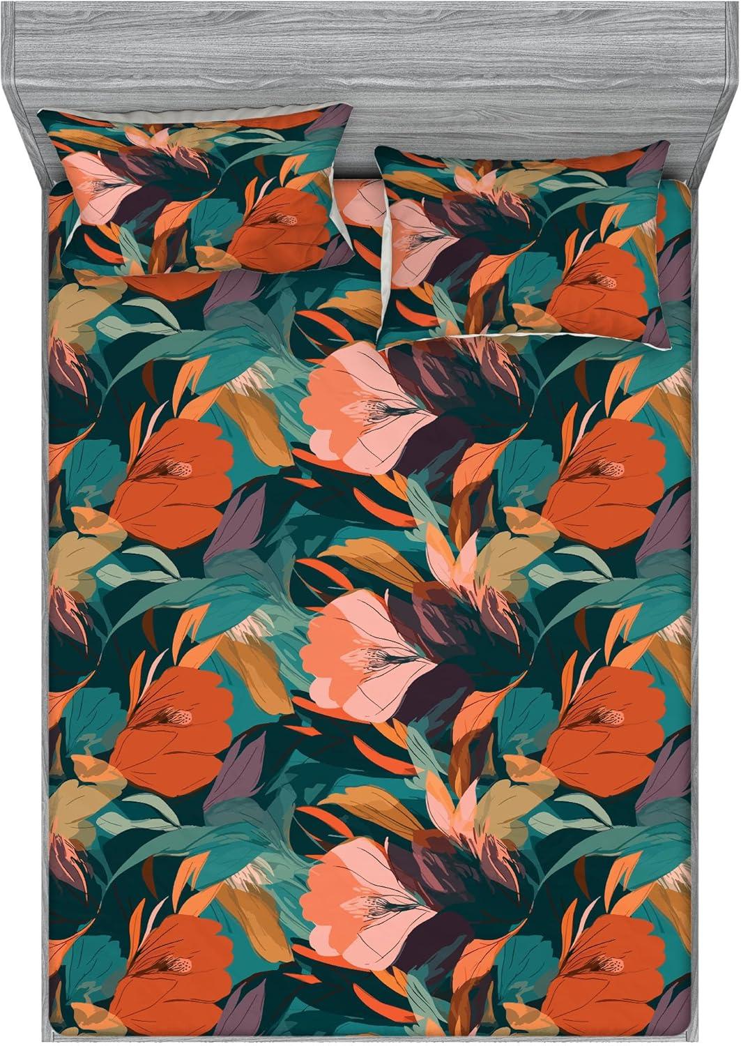 imageAmbesonne Floral Fitted Sheet amp Pillow Sham Set Valentines Day Romantic Concept Watercolor Hydrangeas Roses Birds Decorative Printed 3 Piece Bedding Decor Set Calking Soft Pink Pistachio GreenBurnt Orange Tan Teal
