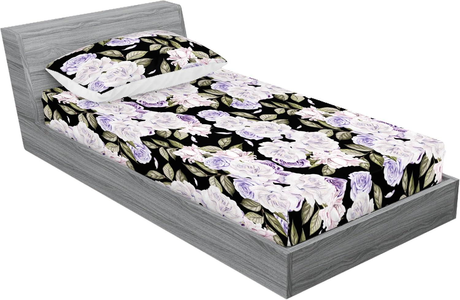 imageAmbesonne Floral Fitted Sheet amp Pillow Sham Set Valentines Day Romantic Concept Watercolor Hydrangeas Roses Birds Decorative Printed 3 Piece Bedding Decor Set Calking Soft Pink Pistachio GreenLavender Blue Green