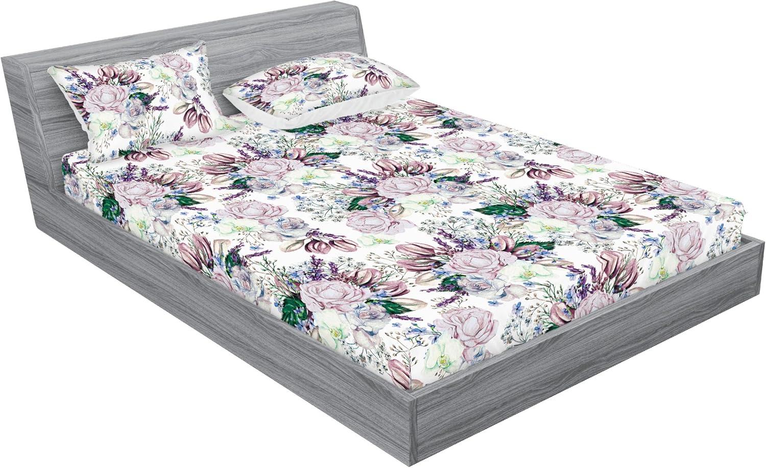 imageAmbesonne Floral Fitted Sheet amp Pillow Sham Set Valentines Day Romantic Concept Watercolor Hydrangeas Roses Birds Decorative Printed 3 Piece Bedding Decor Set Calking Soft Pink Pistachio GreenPale Mauve White and Green
