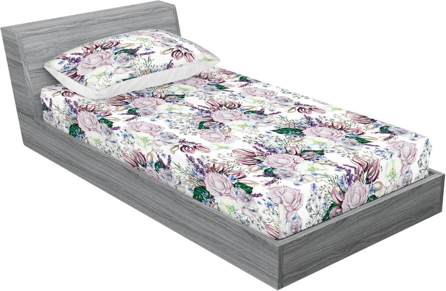 imageAmbesonne Floral Fitted Sheet amp Pillow Sham Set Valentines Day Romantic Concept Watercolor Hydrangeas Roses Birds Decorative Printed 3 Piece Bedding Decor Set Calking Soft Pink Pistachio GreenPale Mauve White and Green