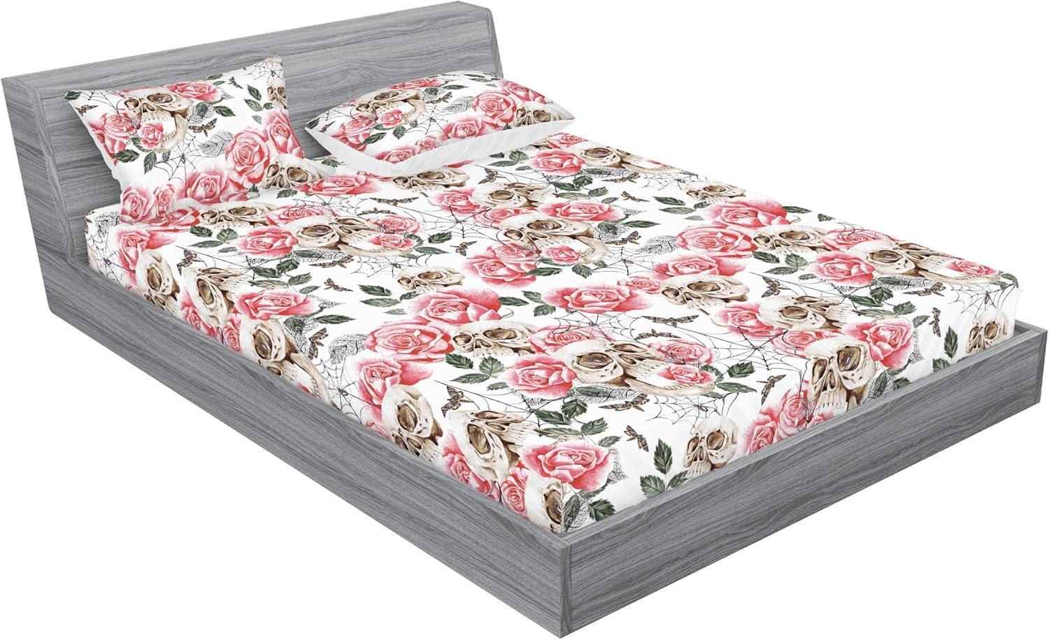 imageAmbesonne Floral Fitted Sheet amp Pillow Sham Set Valentines Day Romantic Concept Watercolor Hydrangeas Roses Birds Decorative Printed 3 Piece Bedding Decor Set Calking Soft Pink Pistachio GreenPastel Pink and Laurel Green