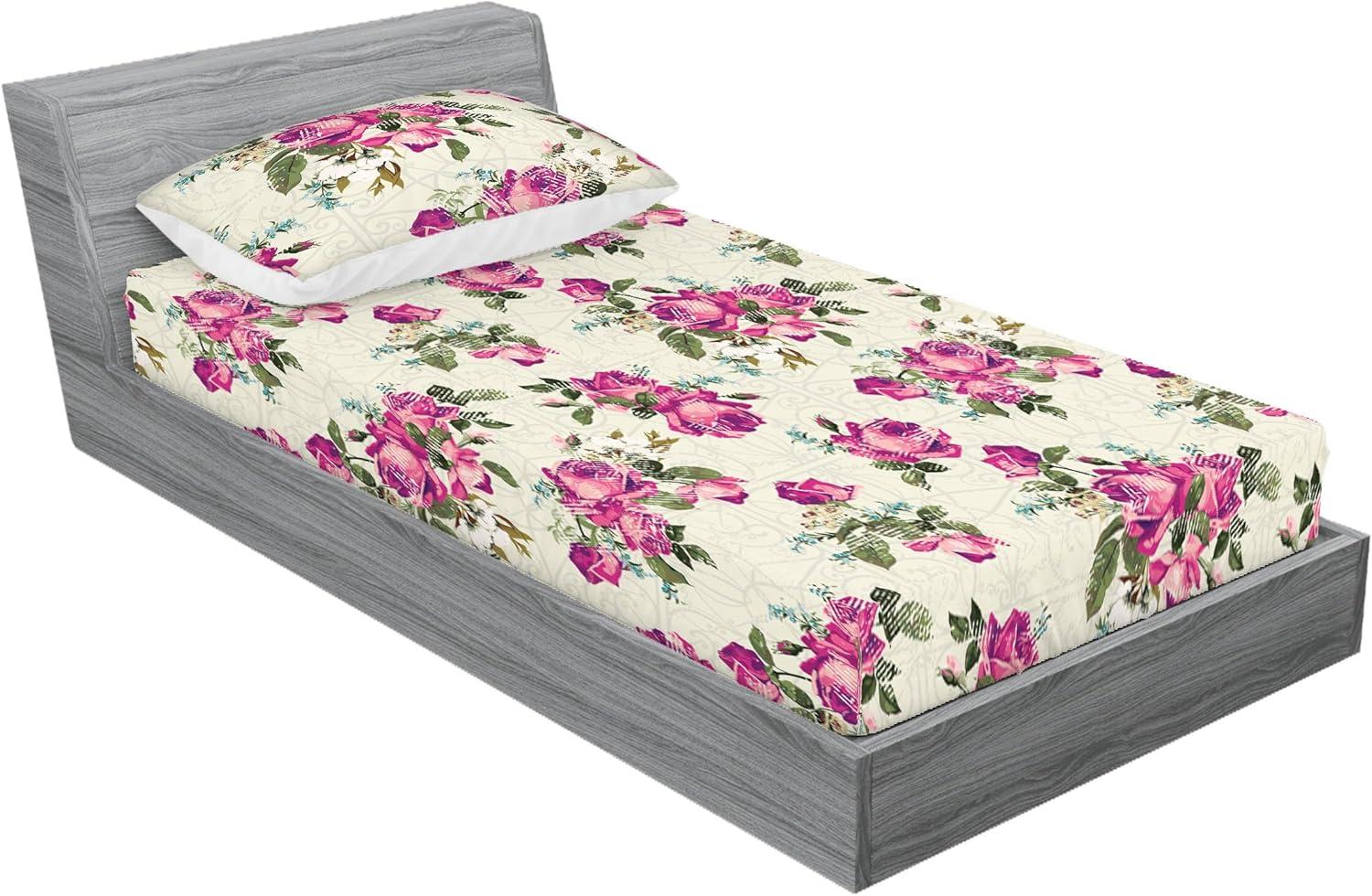 imageAmbesonne Floral Fitted Sheet amp Pillow Sham Set Valentines Day Theme Grunge Style Repetitive Rose Flowers Abstract Decorative Printed 2 Piece Bedding Decor Set Twinxl Pale Fuchsia and SepiaPale Fuchsia and Sepia