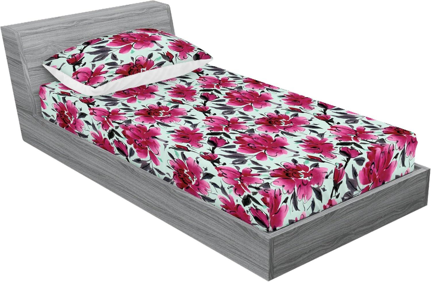 imageAmbesonne Floral Fitted Sheet amp Pillow Sham Set Valentines Day Theme Grunge Style Repetitive Rose Flowers Abstract Decorative Printed 2 Piece Bedding Decor Set Twinxl Pale Fuchsia and SepiaDark Magenta Mint Green