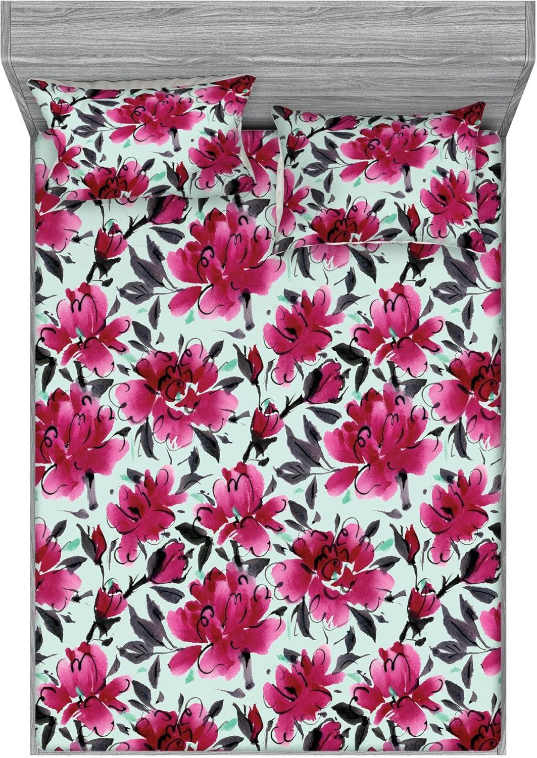 imageAmbesonne Floral Fitted Sheet amp Pillow Sham Set Valentines Day Theme Grunge Style Repetitive Rose Flowers Abstract Decorative Printed 2 Piece Bedding Decor Set Twinxl Pale Fuchsia and SepiaDark Magenta Mint Green