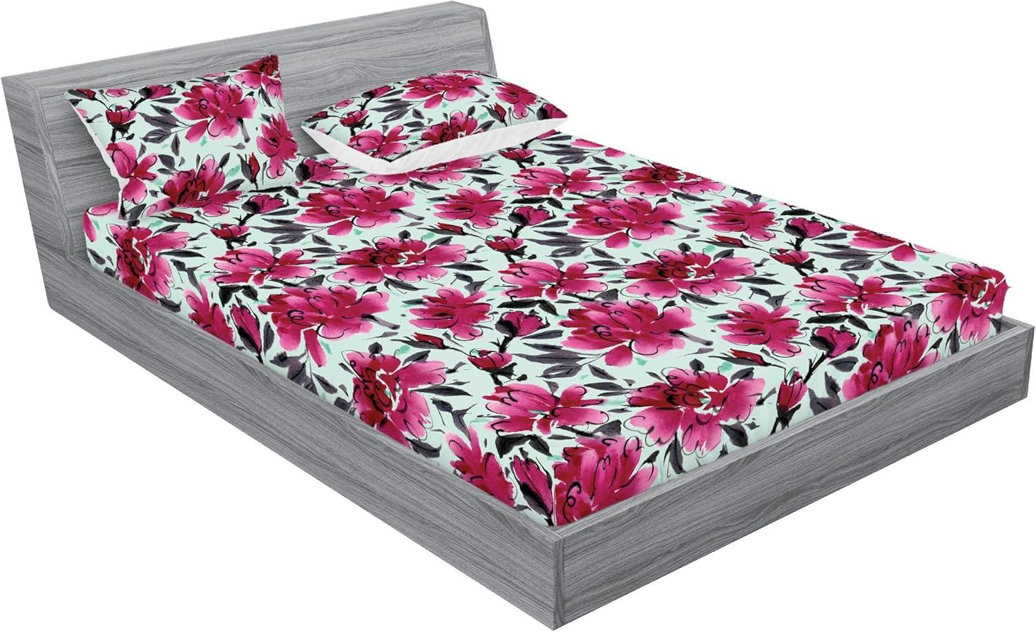 imageAmbesonne Floral Fitted Sheet amp Pillow Sham Set Valentines Day Theme Grunge Style Repetitive Rose Flowers Abstract Decorative Printed 2 Piece Bedding Decor Set Twinxl Pale Fuchsia and SepiaDark Magenta Mint Green