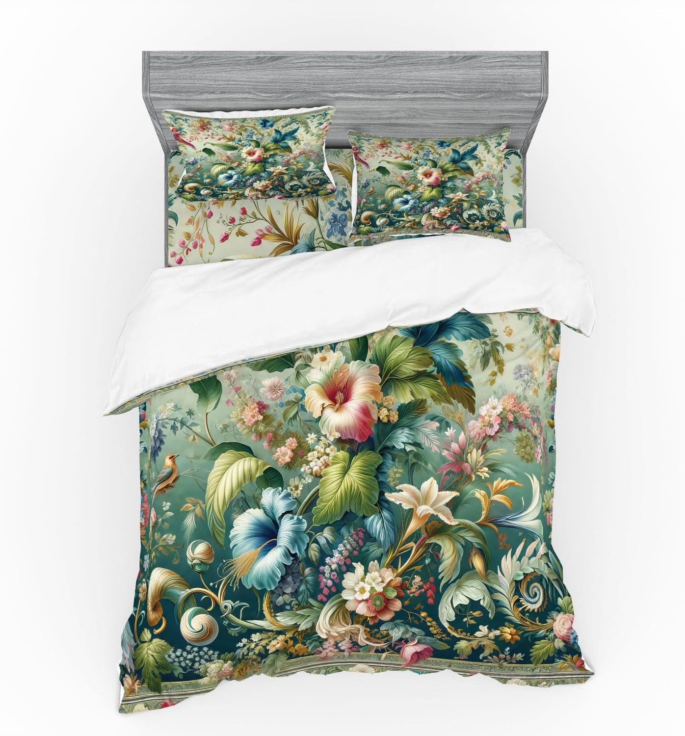 imageAmbesonne Floral Heart Bedding Set Tenderness of Romantic Garden Ivy Branches and Roses Valentines Day 3 Piece Duvet Cover Set with Sham and Fitted Sheet Twin XL Size Laurel Green and PinkGreen Multicolor