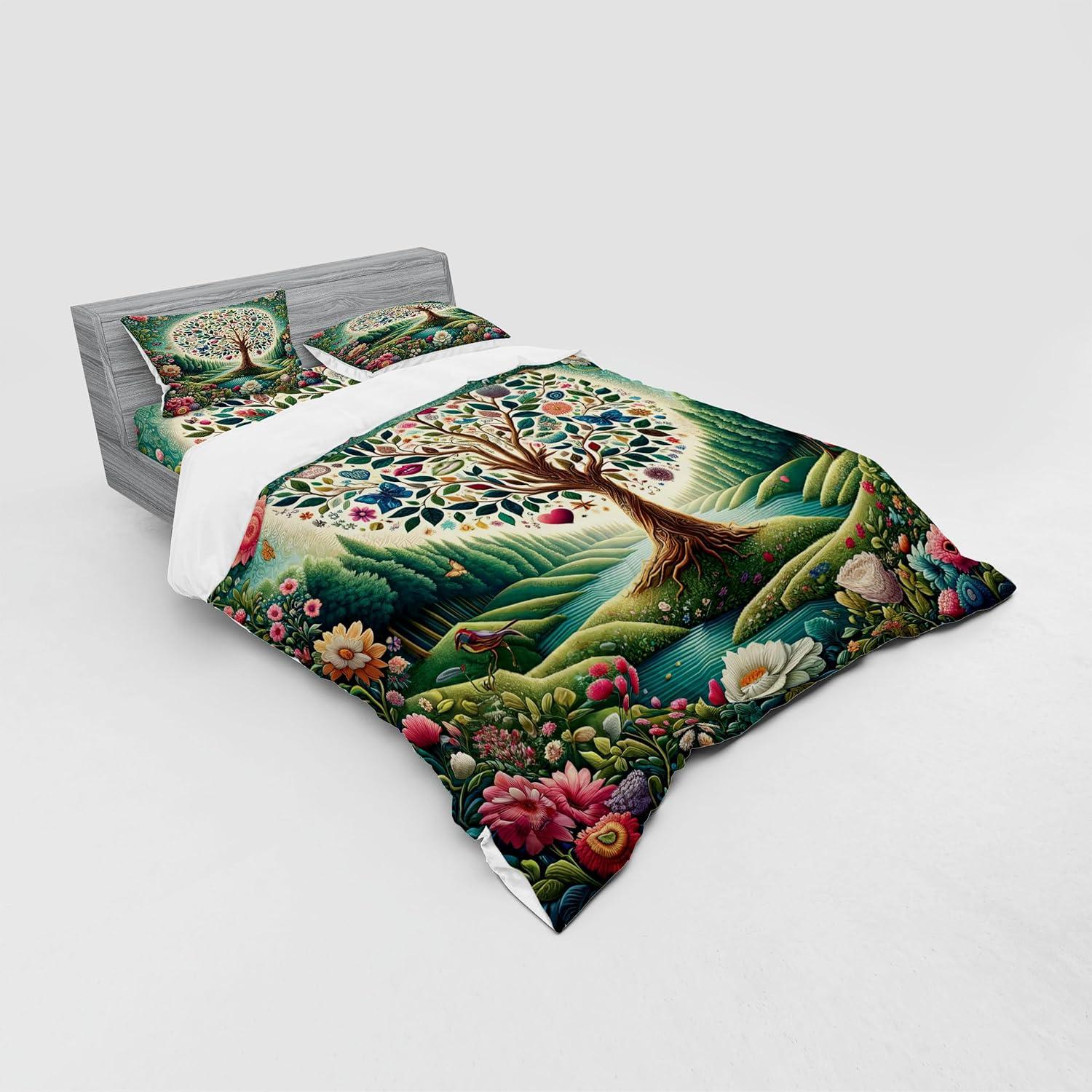 imageAmbesonne Floral Heart Bedding Set Tenderness of Romantic Garden Ivy Branches and Roses Valentines Day 3 Piece Duvet Cover Set with Sham and Fitted Sheet Twin XL Size Laurel Green and PinkGreen Blue and Pink