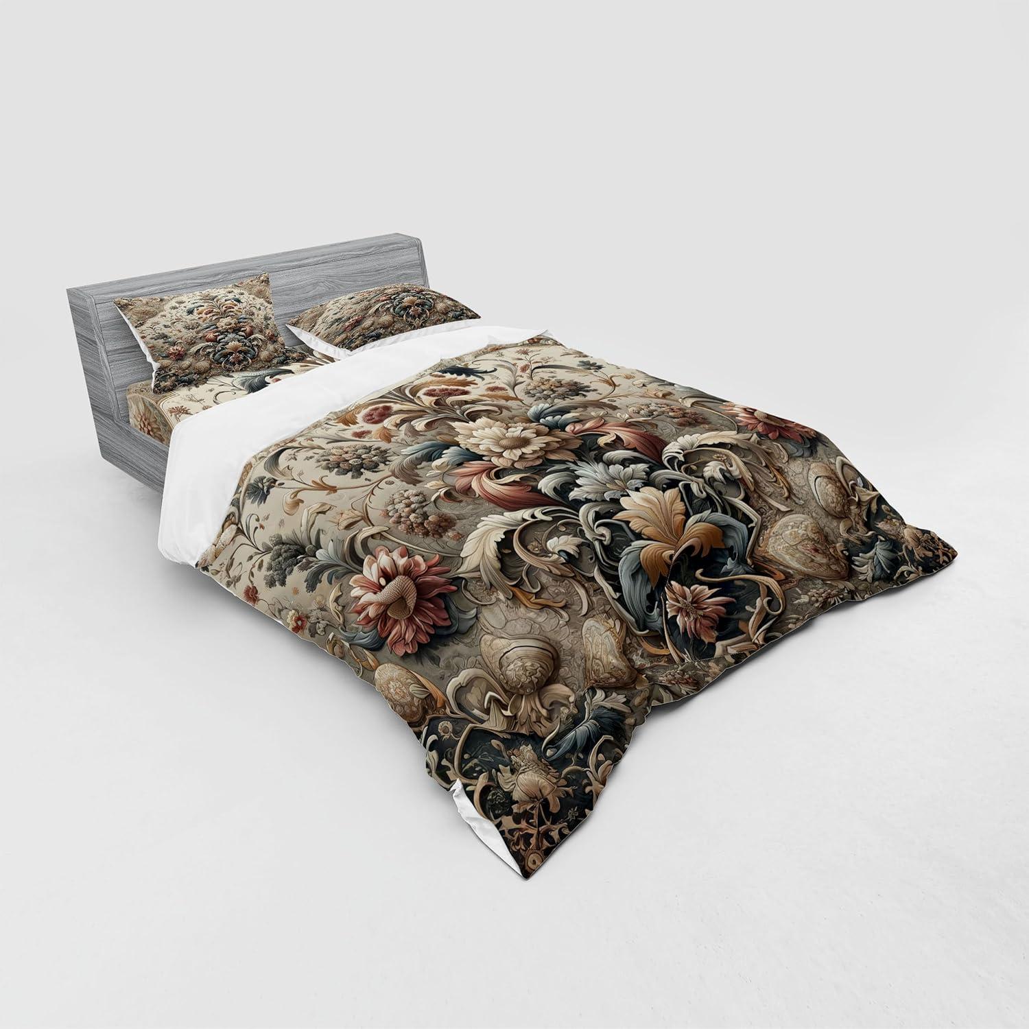 imageAmbesonne Floral Heart Bedding Set Tenderness of Romantic Garden Ivy Branches and Roses Valentines Day 3 Piece Duvet Cover Set with Sham and Fitted Sheet Twin XL Size Laurel Green and PinkTan Dark Blue and Pale Ruby