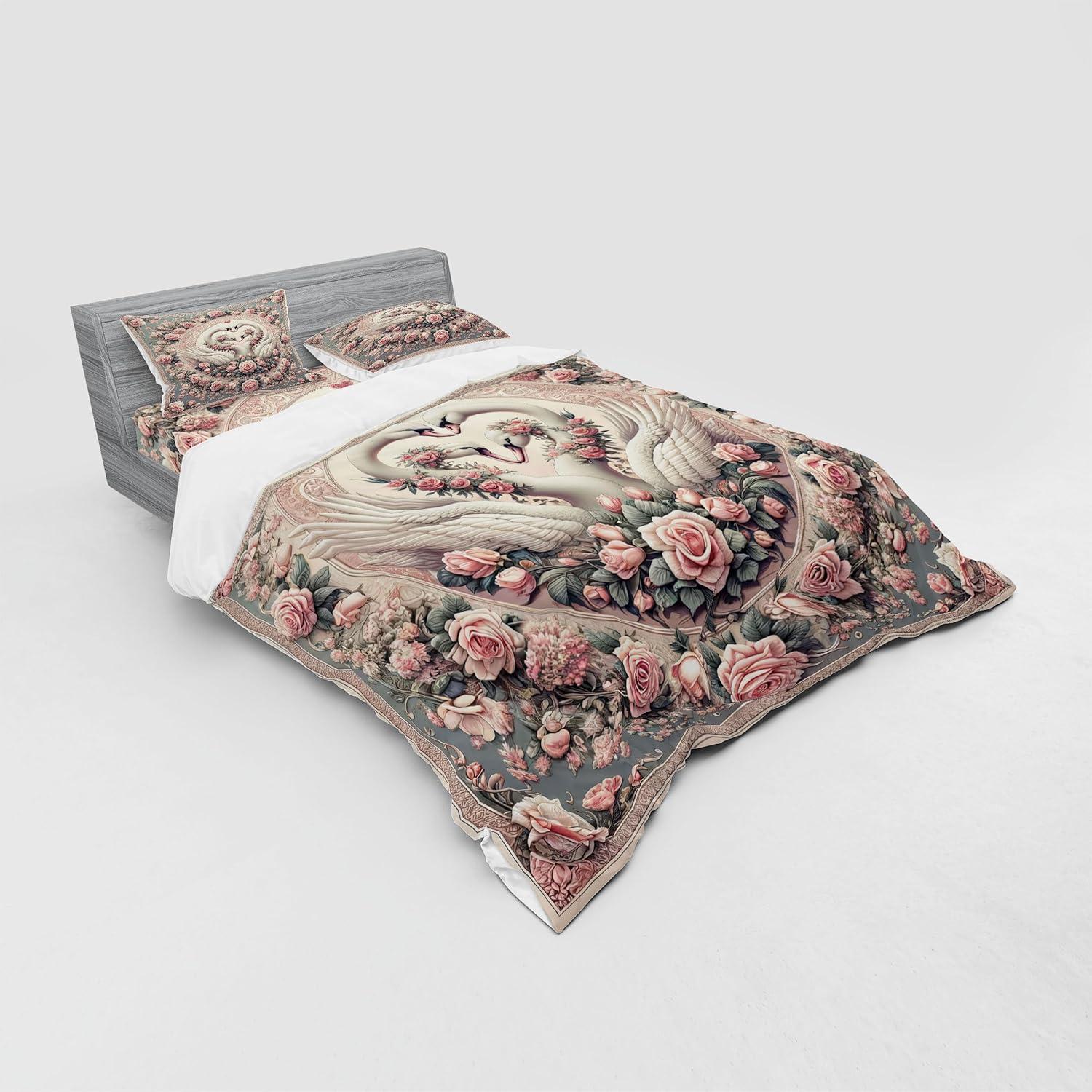 imageAmbesonne Floral Heart Bedding Set Tenderness of Romantic Garden Ivy Branches and Roses Valentines Day 3 Piece Duvet Cover Set with Sham and Fitted Sheet Twin XL Size Laurel Green and PinkPale Pink Pale Cadet Blue